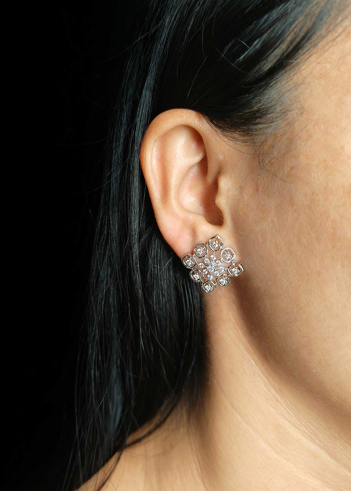Geometric Square Silver Plated Cubic Zircon Floral Stud Earrings