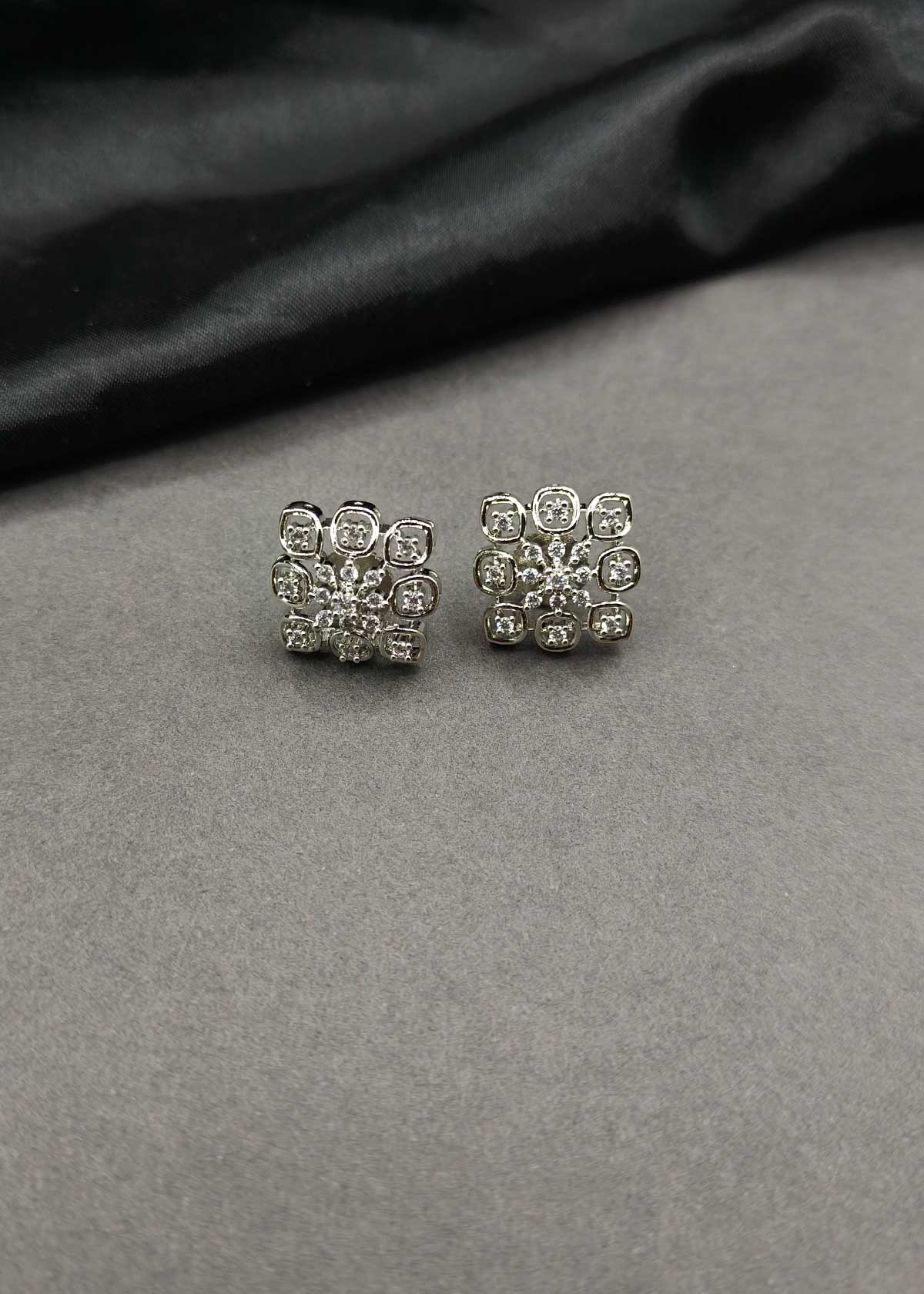 Geometric Square Silver Plated Cubic Zircon Floral Stud Earrings
