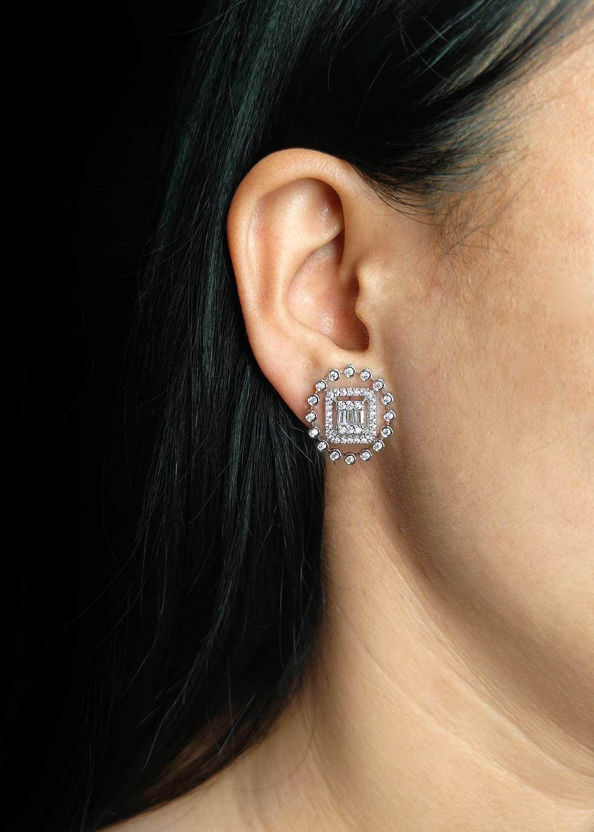 Elegance Baguette & Cubic Zircon Silver Plated Halo Stud Earrings