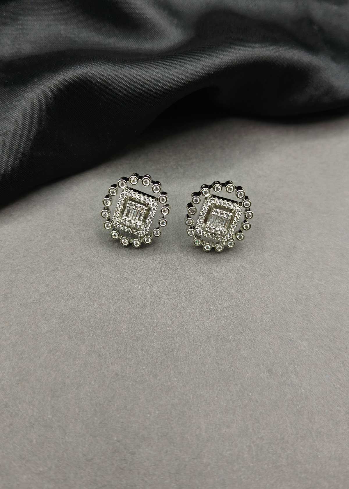 Elegance Baguette & Cubic Zircon Silver Plated Halo Stud Earrings