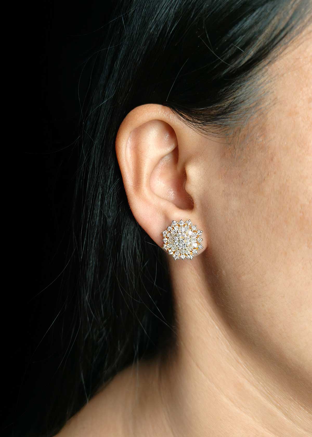 Floral Sunburst Gold & Silver Plated Cubic Zircon & Baguette Stud Earrings