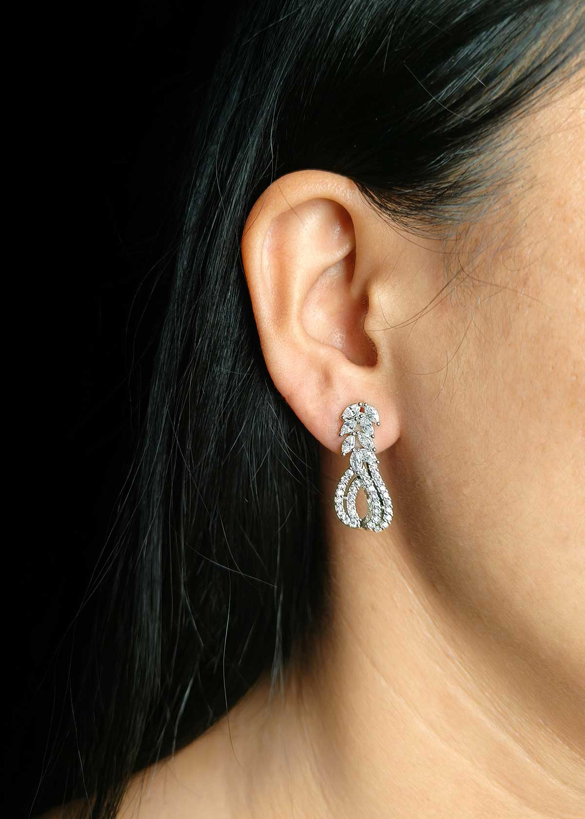 Luminous Leaf Style Silver Plated Marquise And Cubic Zircon Cluster Loop Earrings