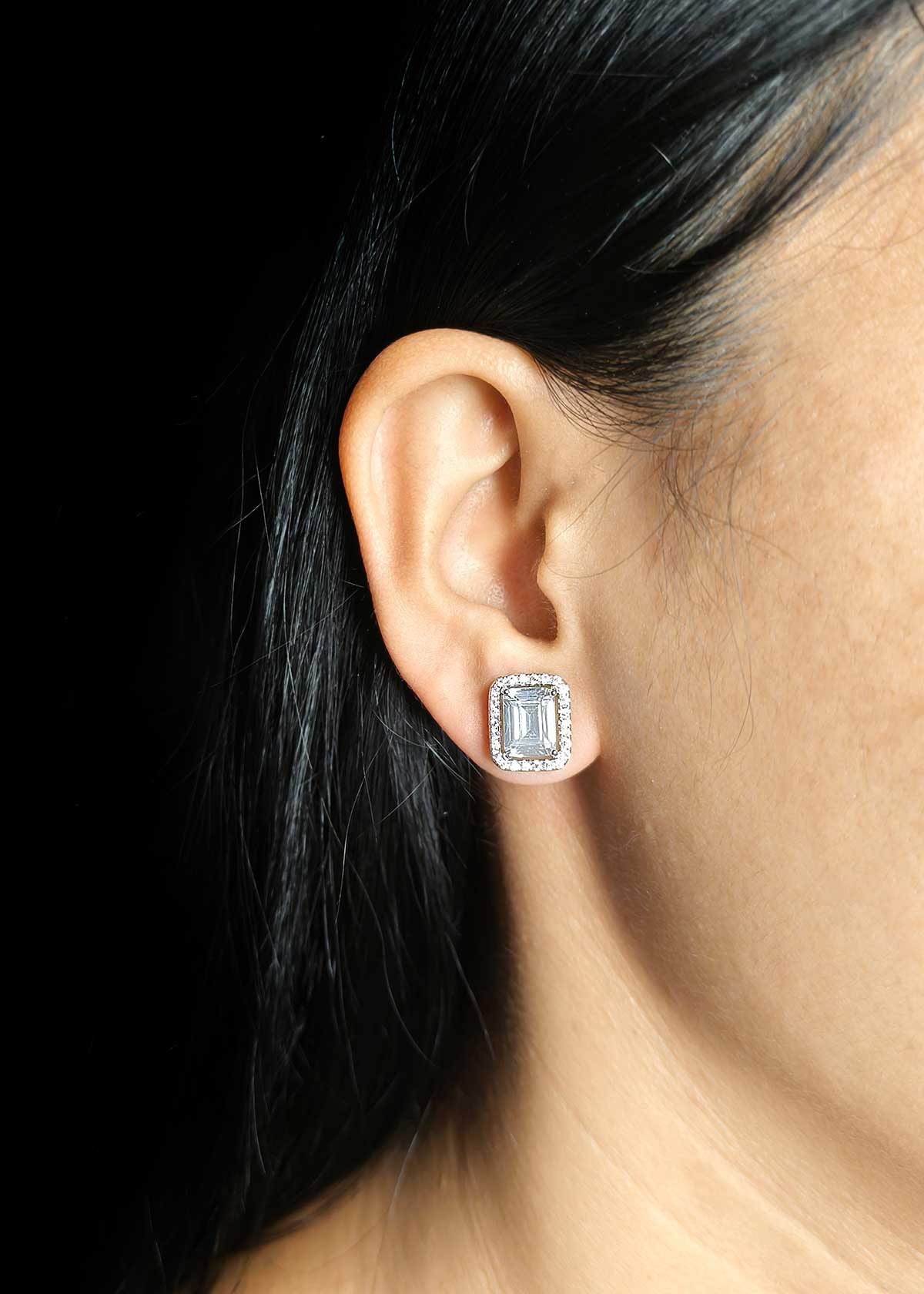 Vintage Rectangular Large Solitaire And Cubic Zircon Stud Earrings