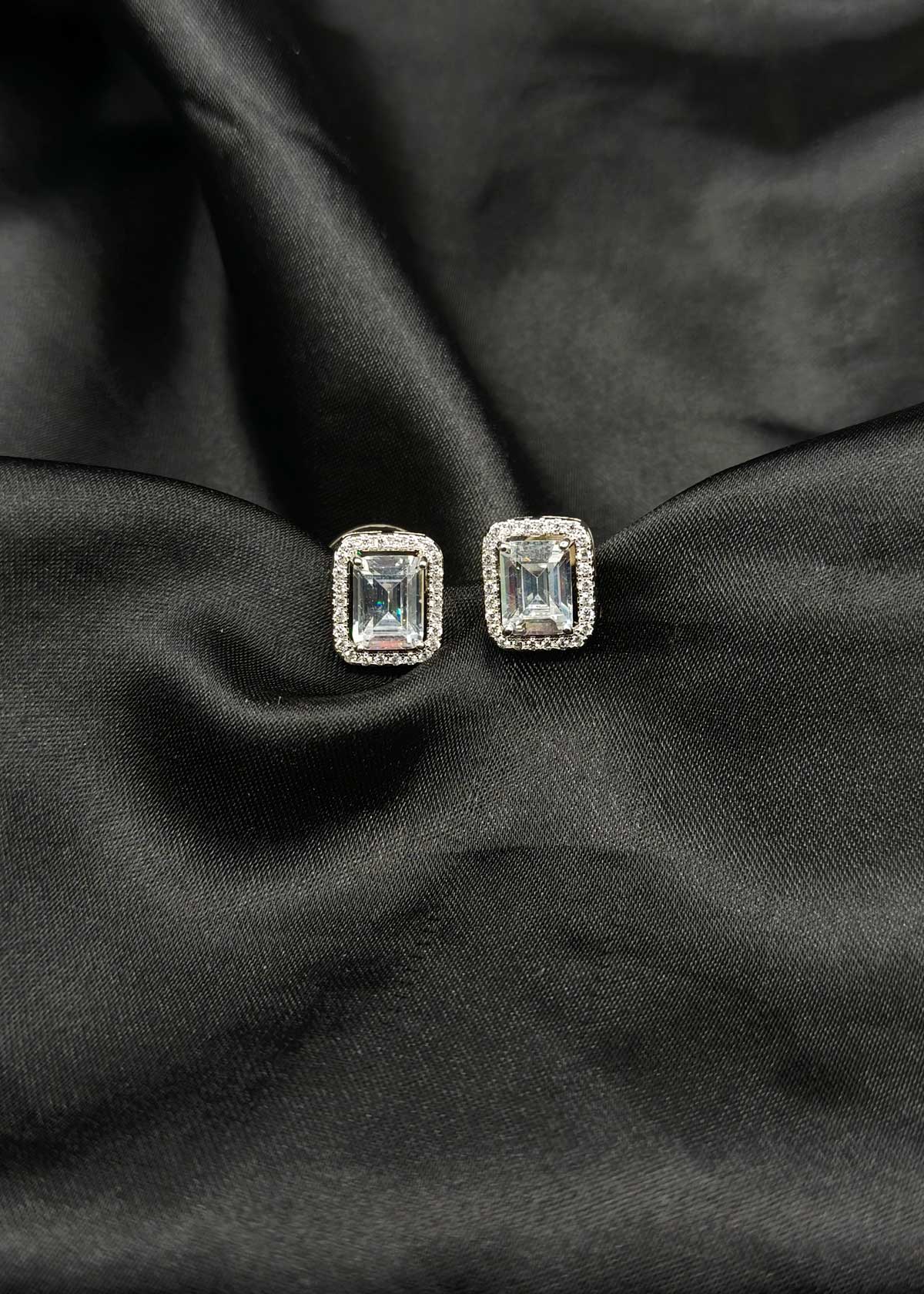 Vintage Rectangular Large Solitaire And Cubic Zircon Stud Earrings
