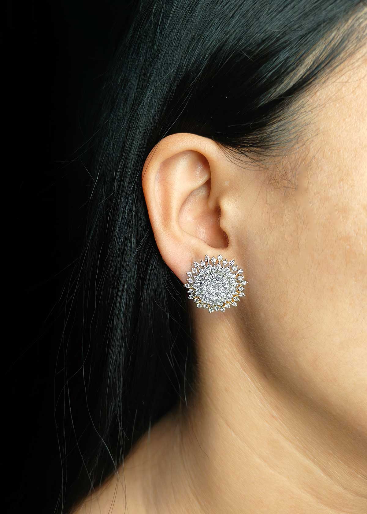 Luxurious Dual Tone Sunburst Cubic Zircon Stud Earrings