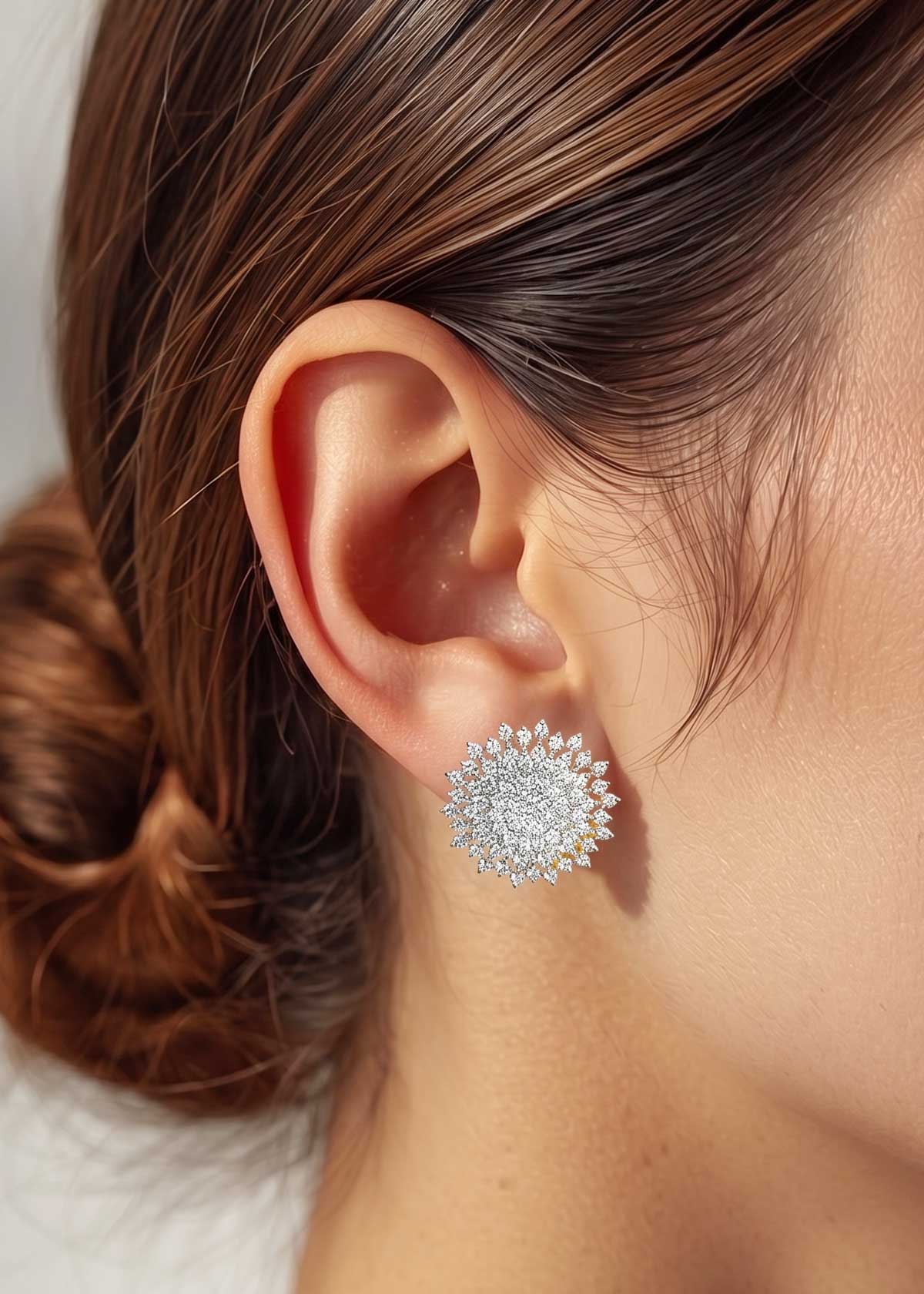 Luxurious Dual Tone Sunburst Cubic Zircon Stud Earrings For Women