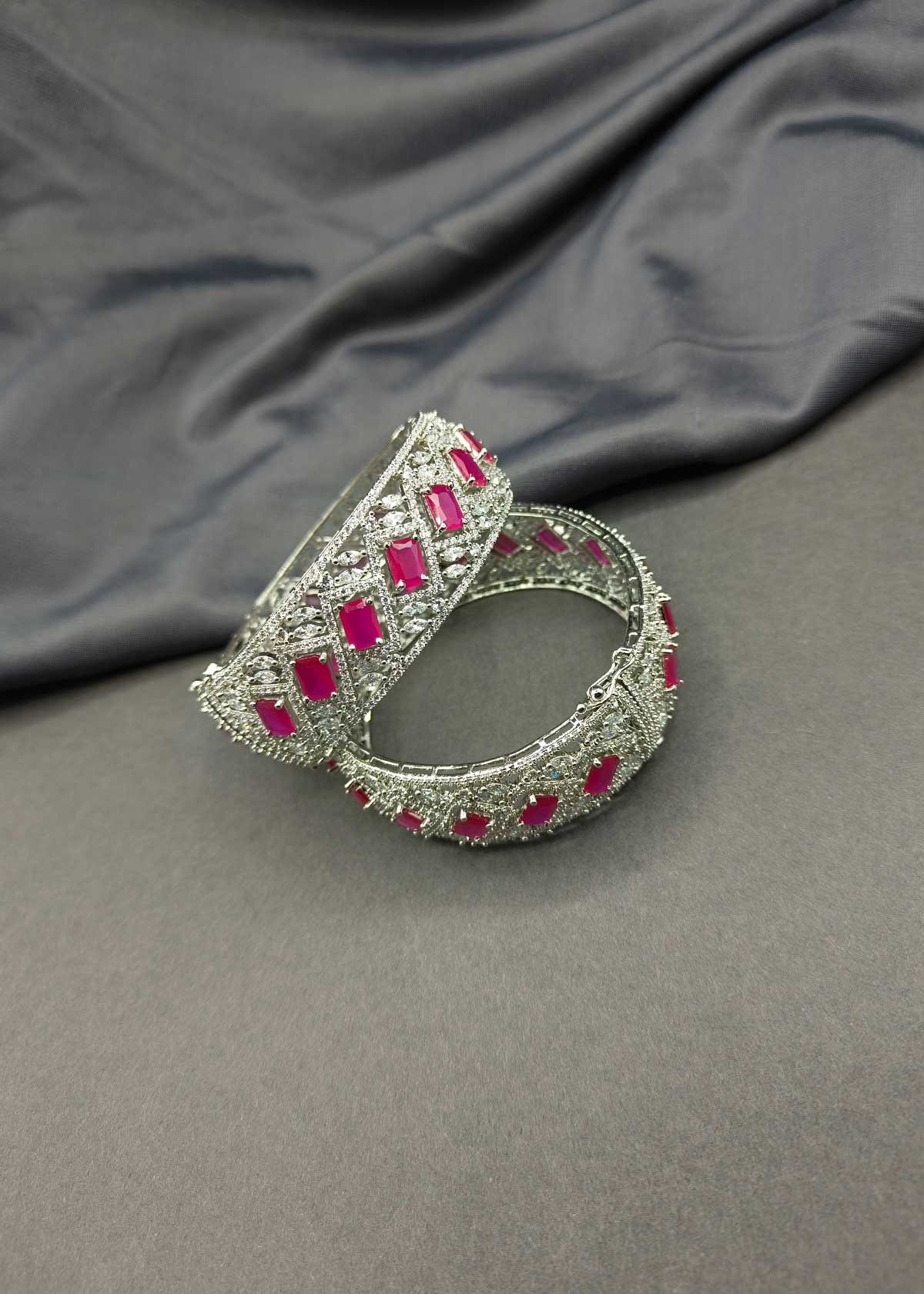 Regal Silver Plated Cubic Zircon & Multi Gemstone Studded Openable Bangles