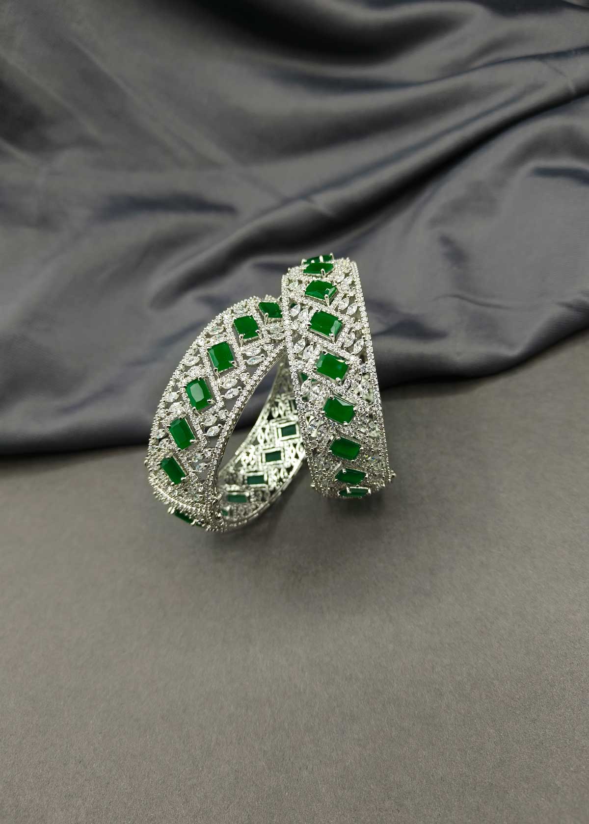 Regal Silver Plated Cubic Zircon & Multi Gemstone Studded Openable Bangles