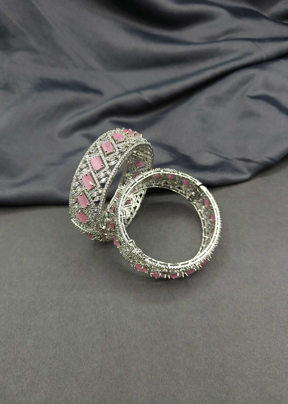 Regal Silver Plated Cubic Zircon & Multi Gemstone Studded Openable Bangles