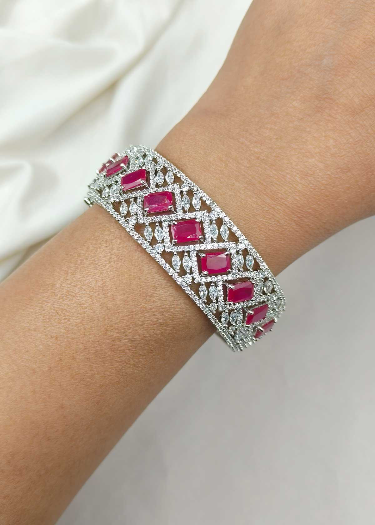 Regal Silver Plated Cubic Zircon & Multi Gemstone Studded Openable Bangles