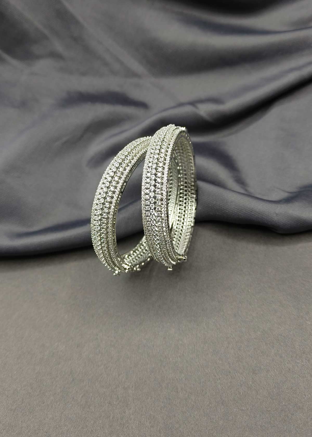 Shimmering Triple Row Cubic Zircon Studded Silver Plated Openable Bangles