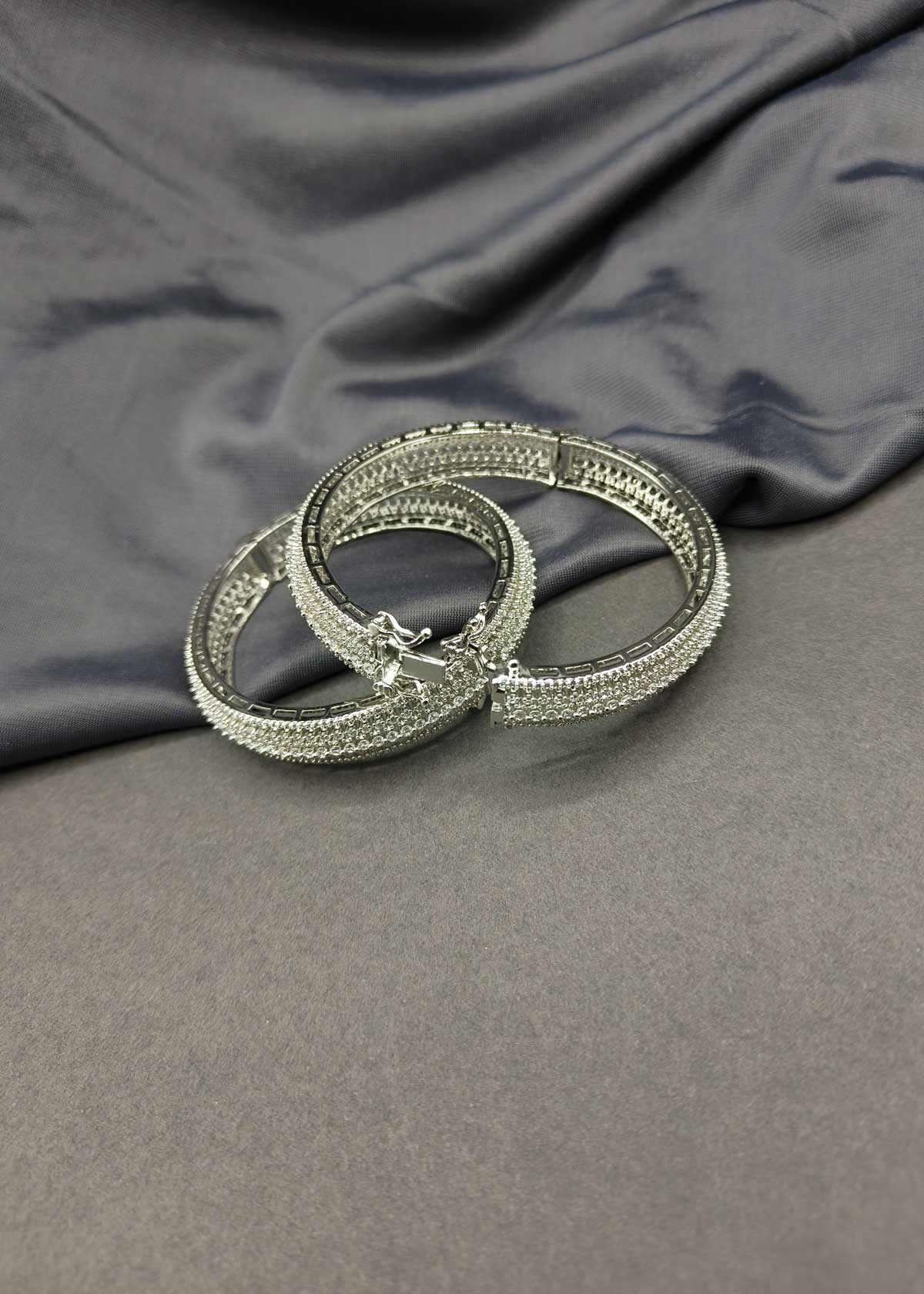 Shimmering Triple Row Cubic Zircon Studded Silver Plated Openable Bangles