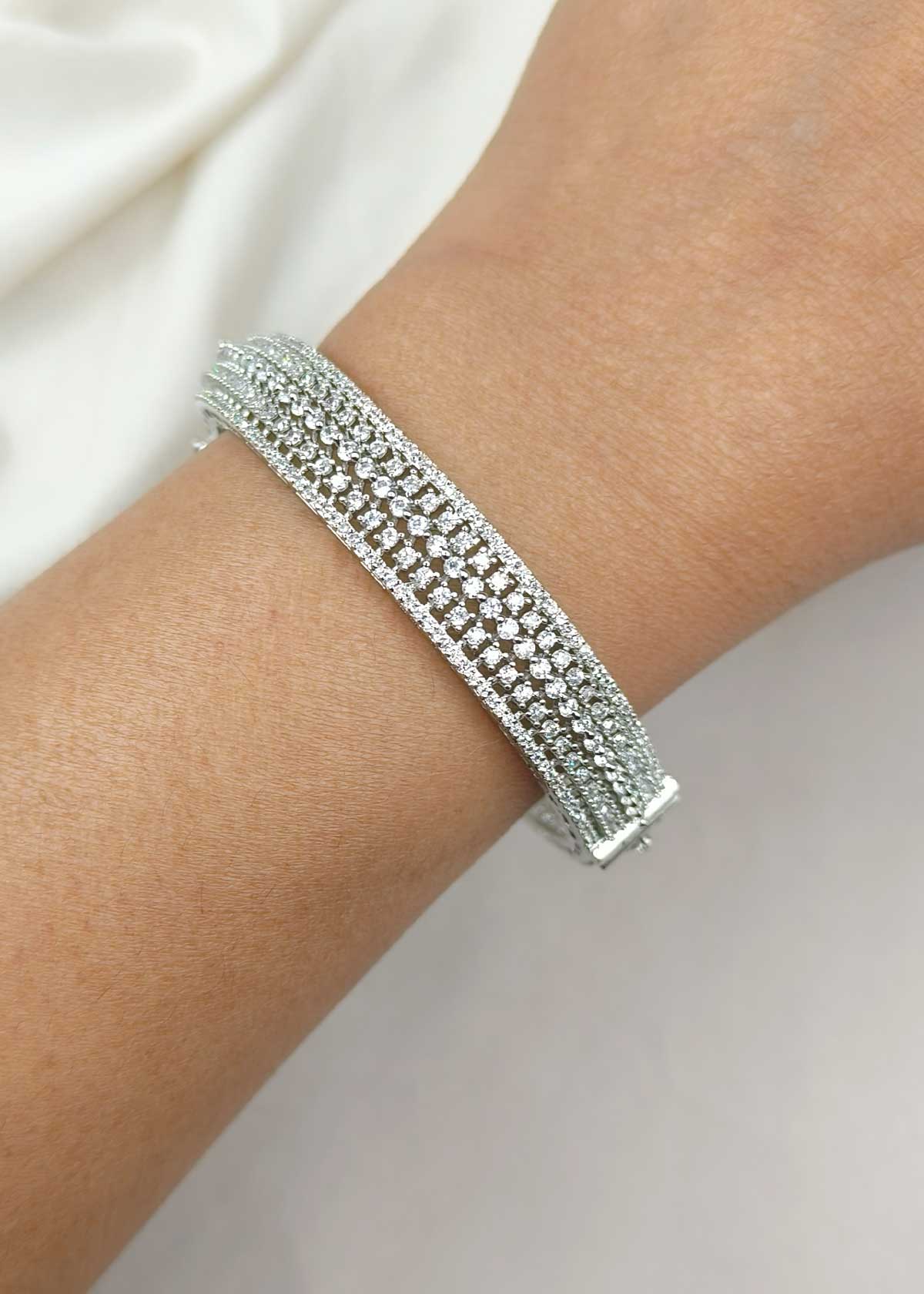 Shimmering Triple Row Cubic Zircon Studded Silver Plated Openable Bangles
