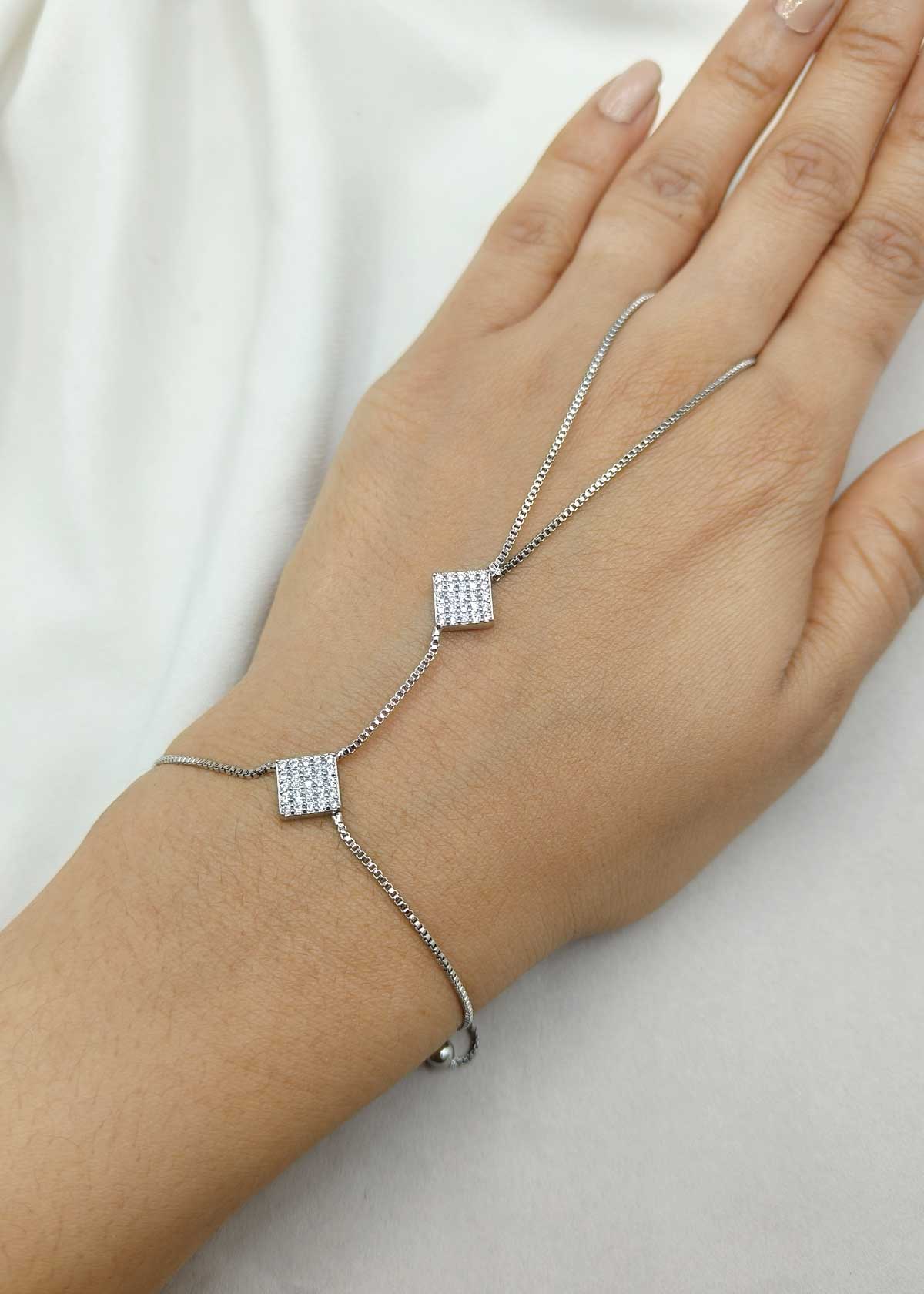 Modern Gold & Silver Plated Cubic Zircon Geometric Dual Square Delicate Hathpan (Single)