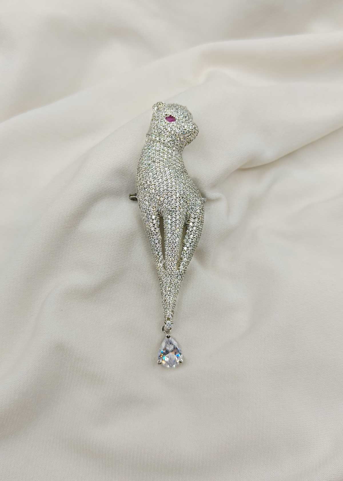 Signature Silver Plated Feline Brooch / Lepal Pin With Tear Cut Zircon Drop