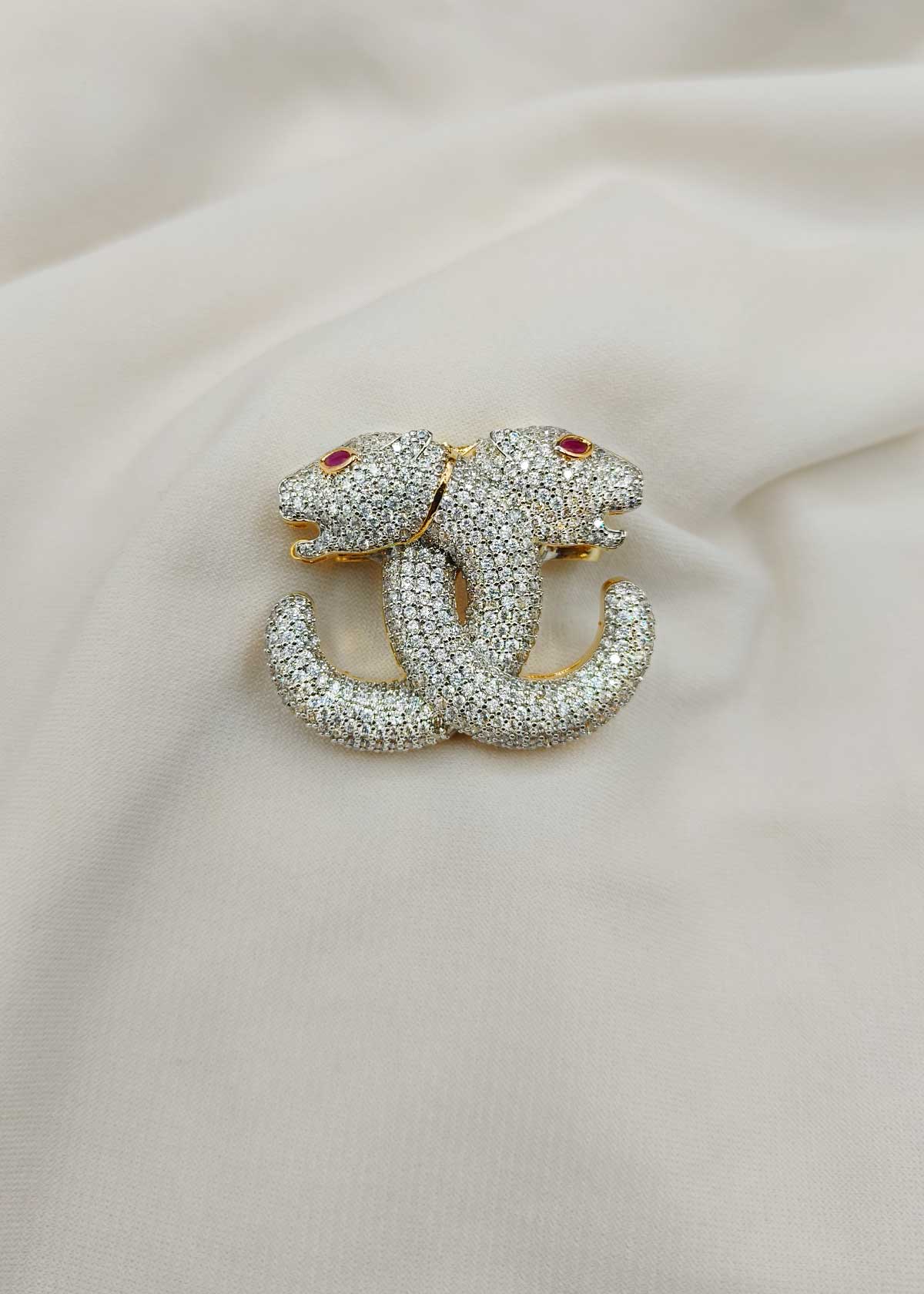 Unique Dual Tone Cubic Zircon Interlocking Panther Brooch / Lepal Pin