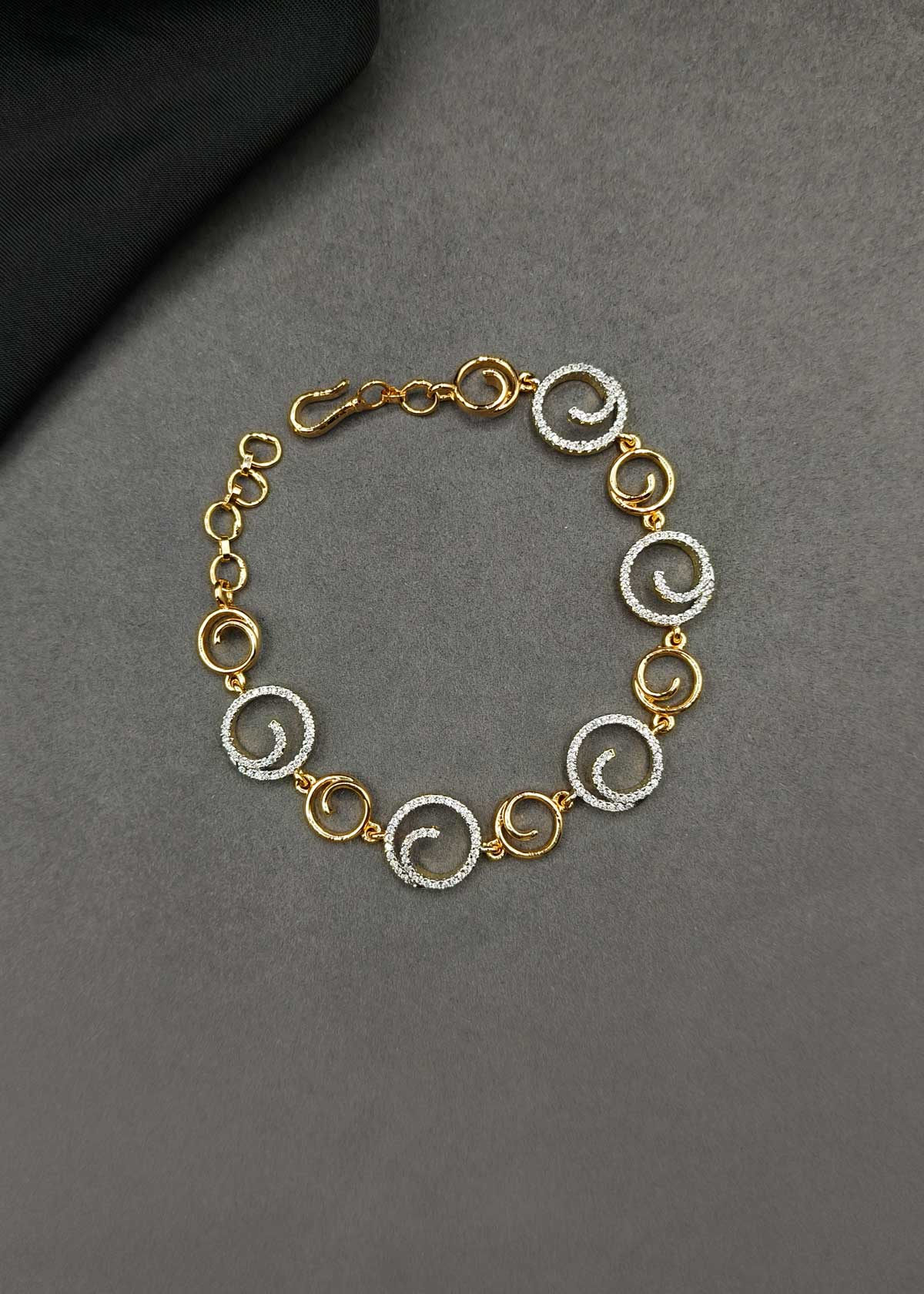 Luxurious Two Tone Spiral Link Loose Bracelet With Cubic Zircon
