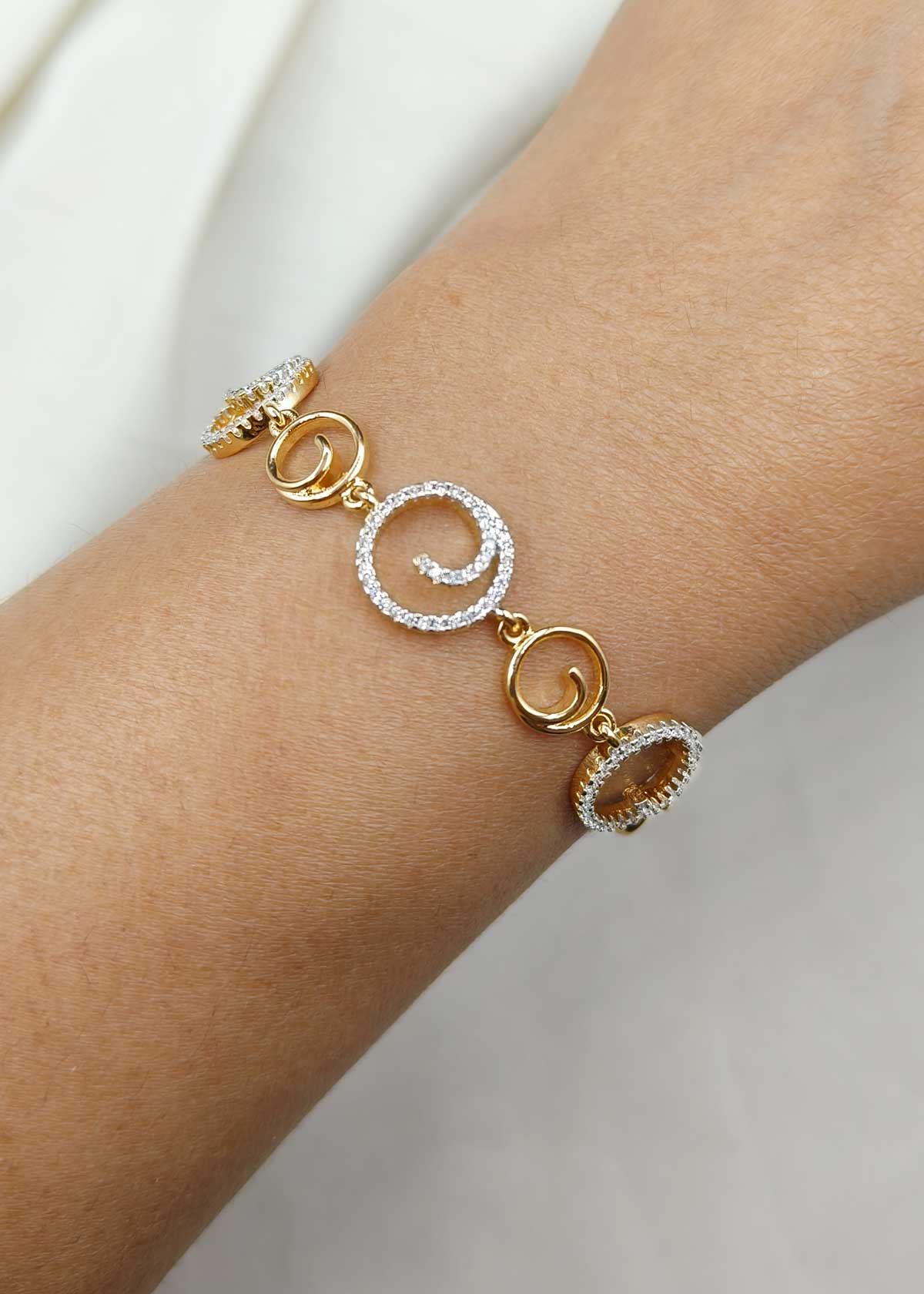 Luxurious Two Tone Spiral Link Loose Bracelet With Cubic Zircon