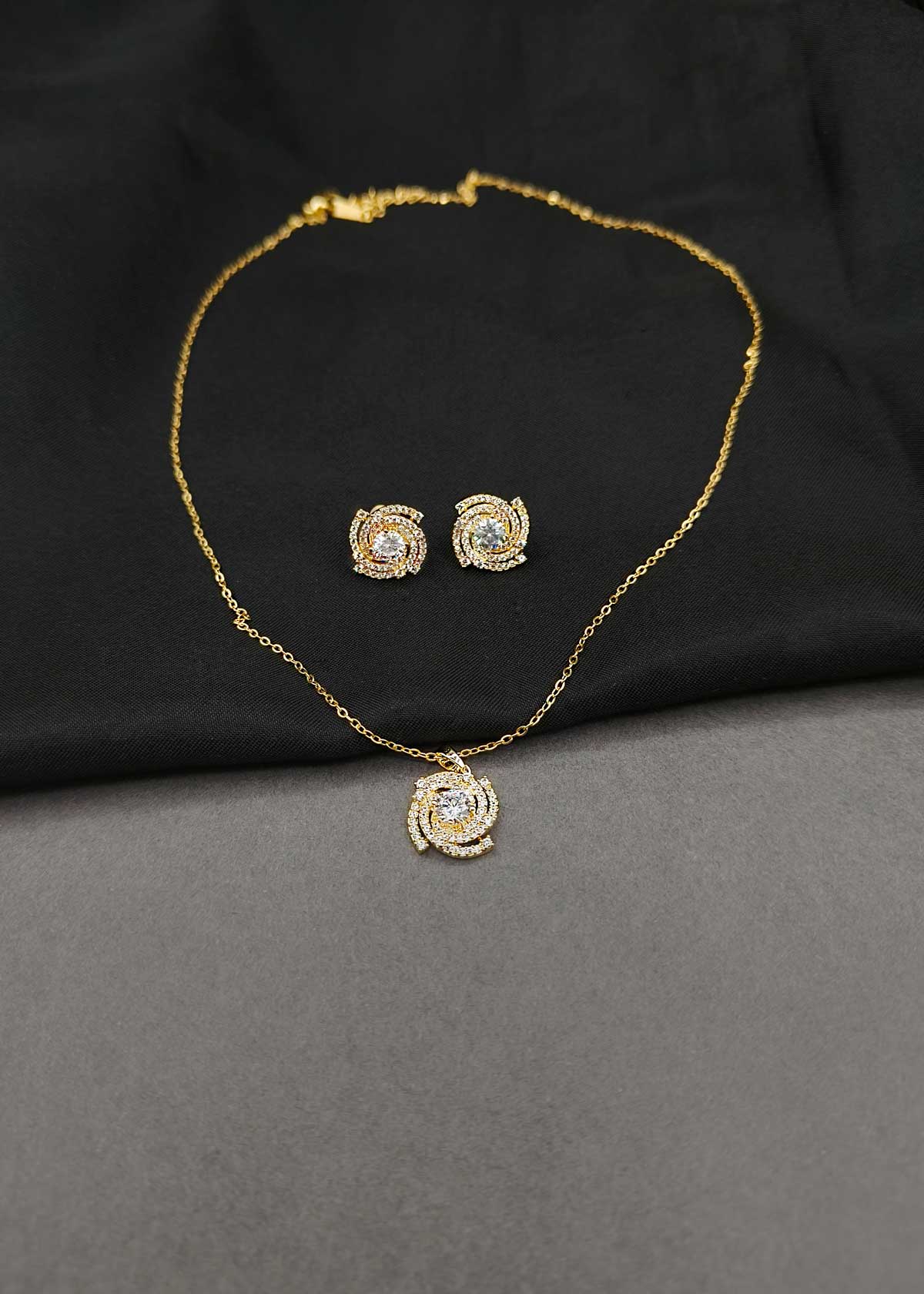 Luxurious Gold Plated Solitaire Diamond Swirl Pendant Set With Chain
