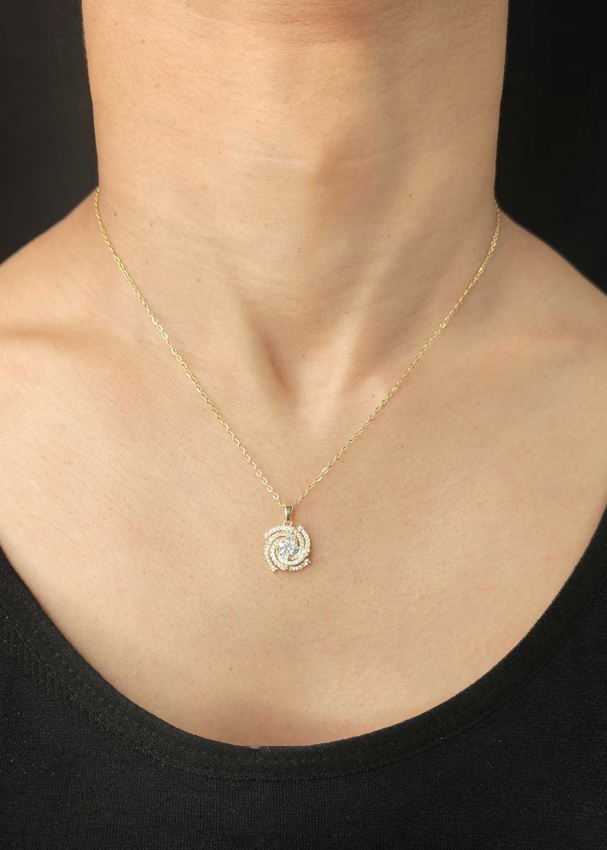 Luxurious Gold Plated Solitaire Diamond Swirl Pendant Set With Chain