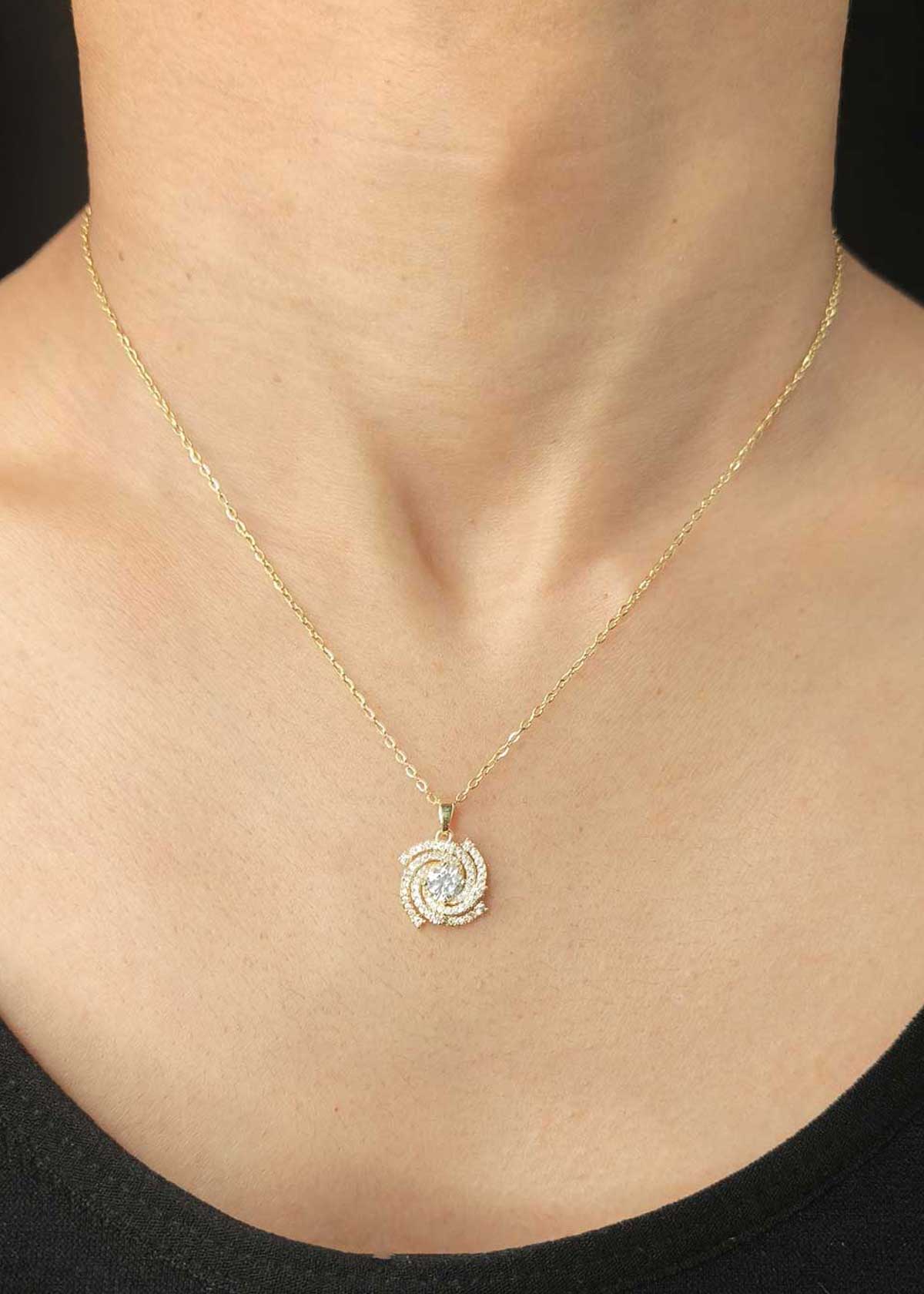 Luxurious Gold Plated Solitaire Diamond Swirl Pendant Set With Chain