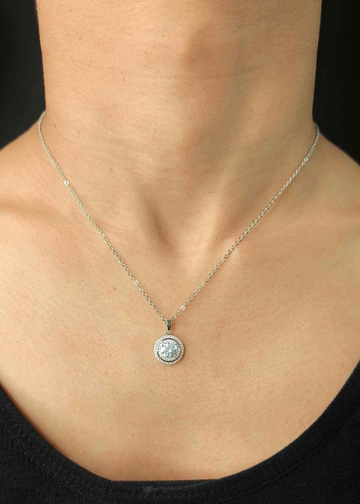 Classic Round Cut Halo Cubic Zircon Silver Plated Pendant Set With Chain