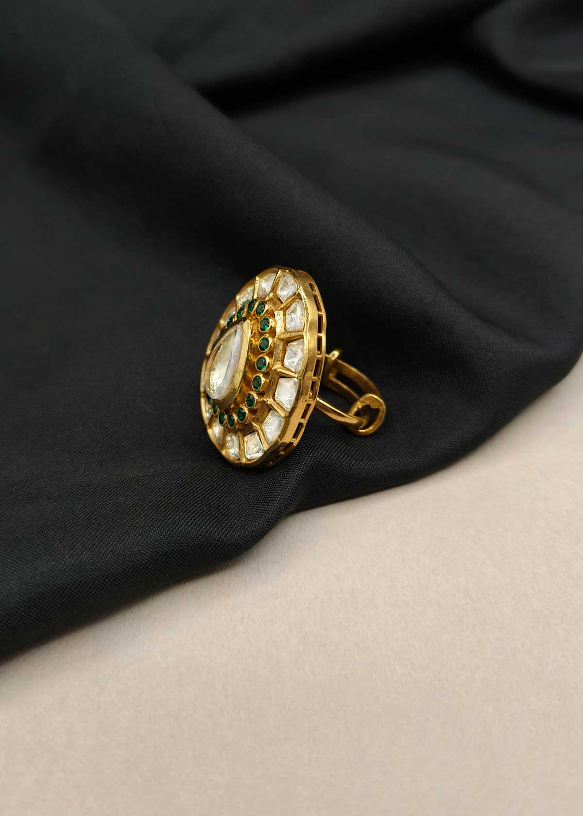Traditional Gold Plated Kundan & Moissanite Adjustable Finger Ring