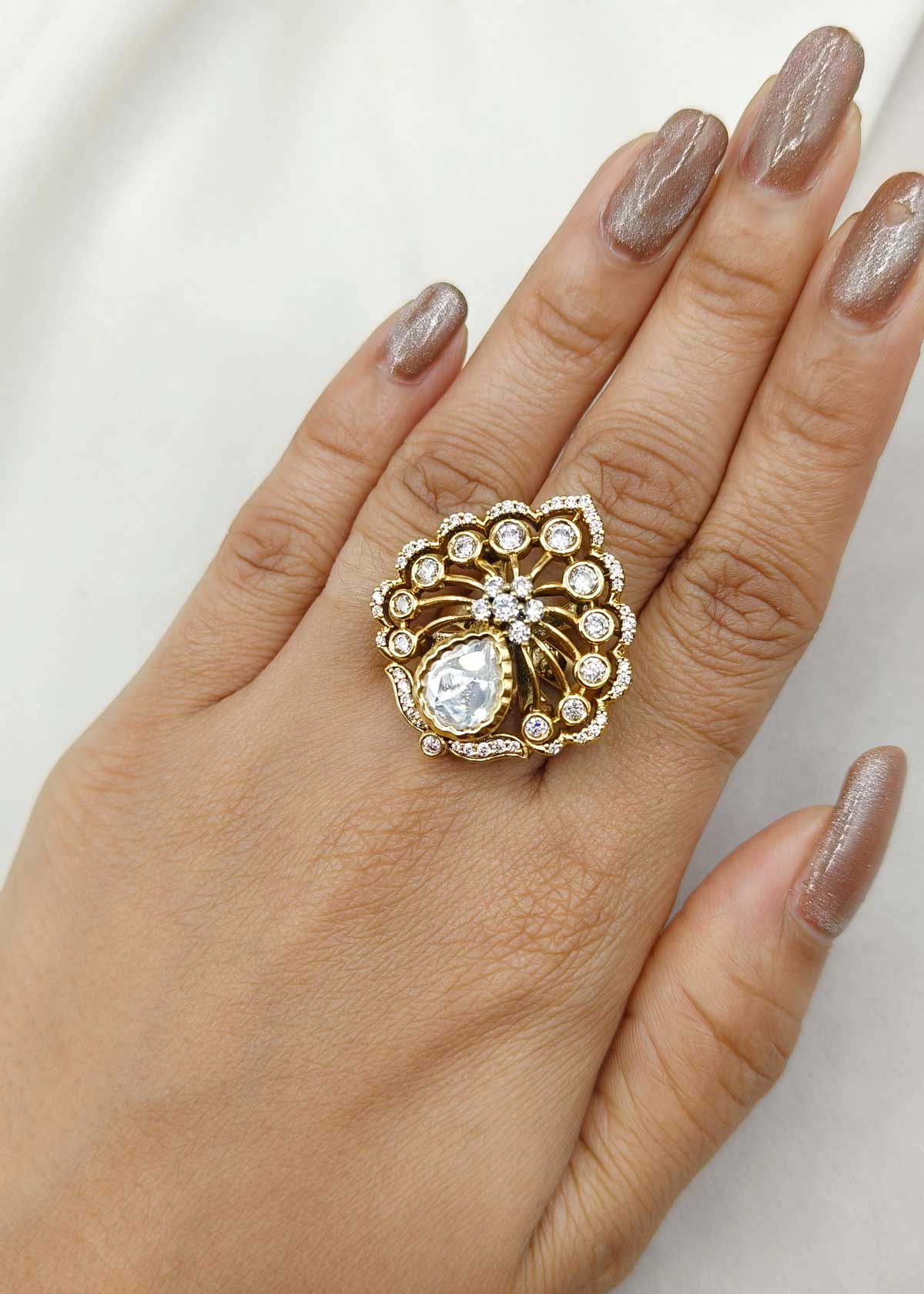 Intricate Peacock-Inspired Gold-Plated Cubic Zircon & Kundan Adjustable Ring