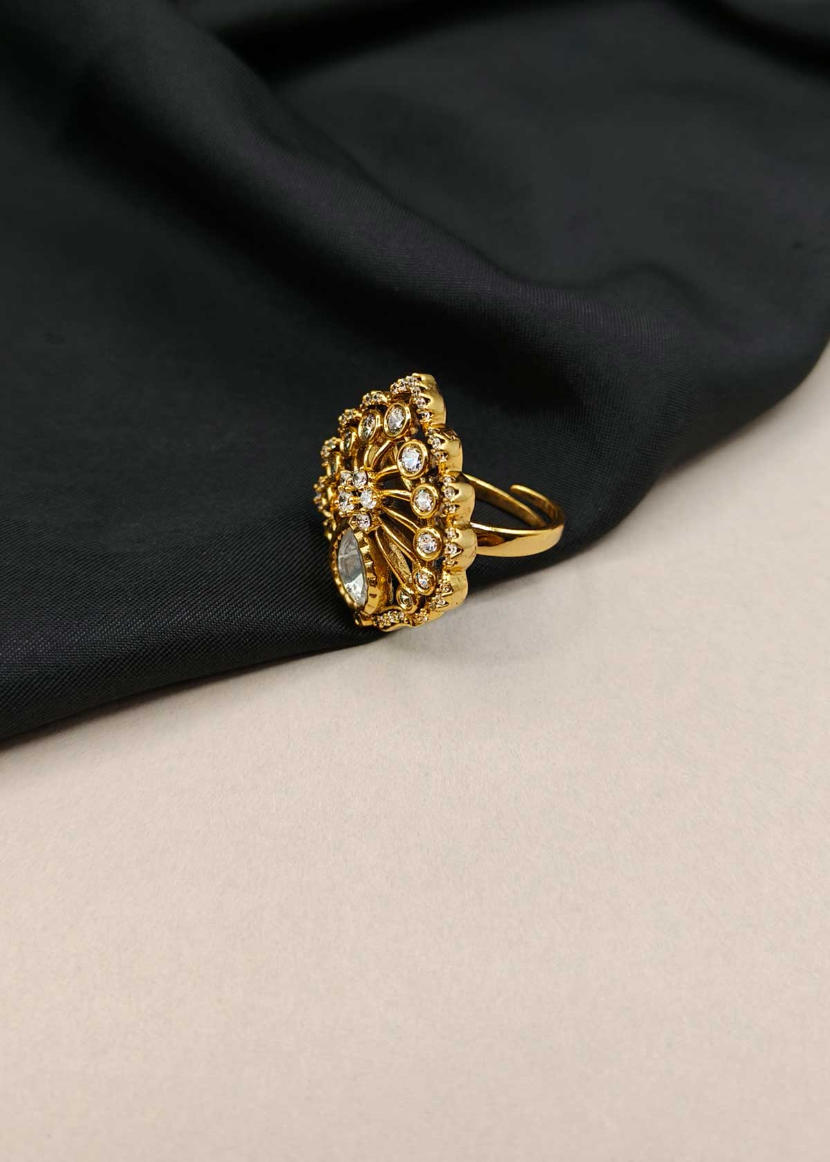 Intricate Peacock-Inspired Gold-Plated Cubic Zircon & Kundan Adjustable Ring