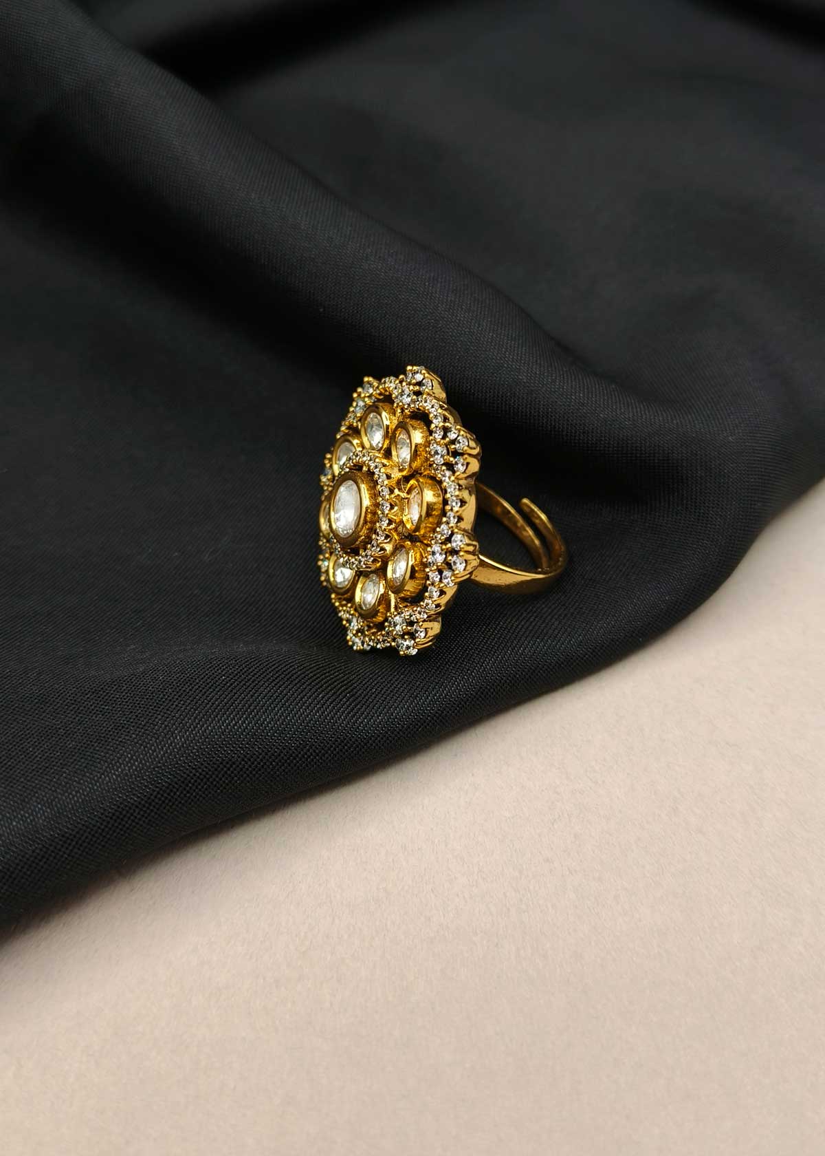 Classic Floral Circular Kundan & Cubic Zircon Gold-Plated Adjustable Ring