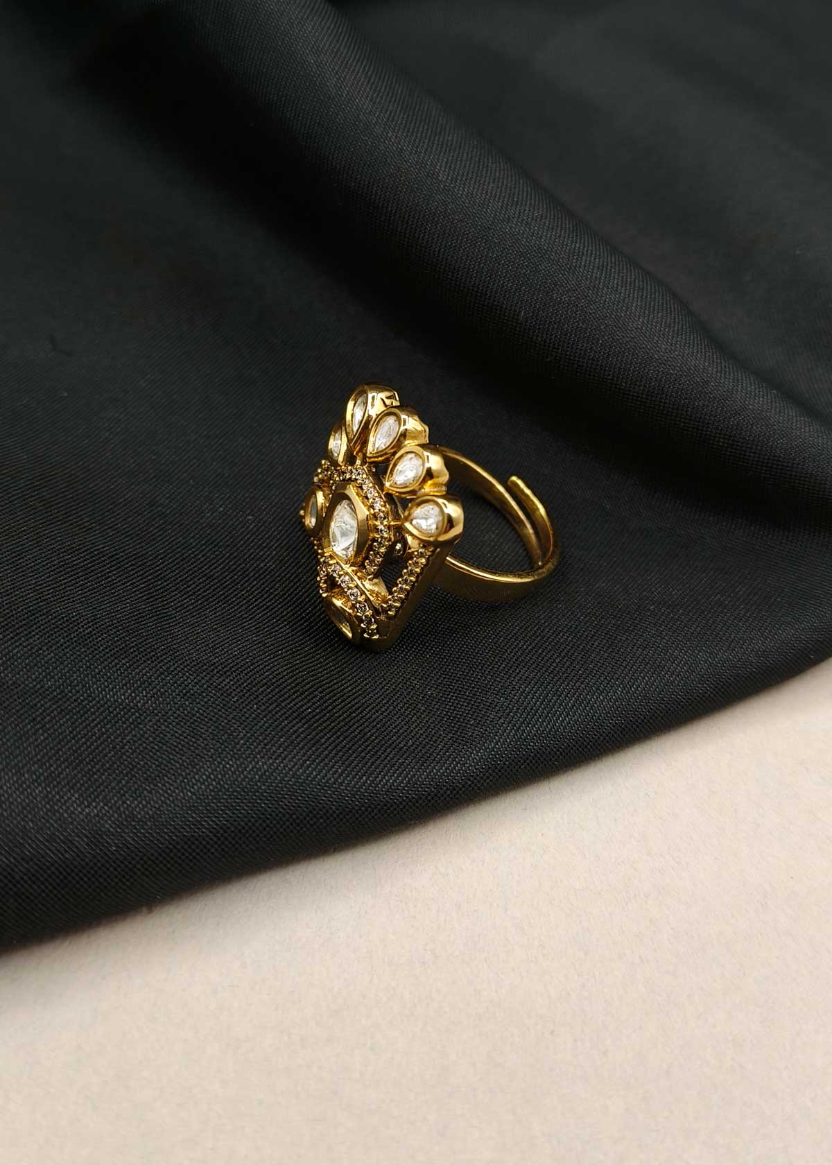 Regal Geometric Kundan And Cubic Zircon Gold Plated Adjustable Finger Ring