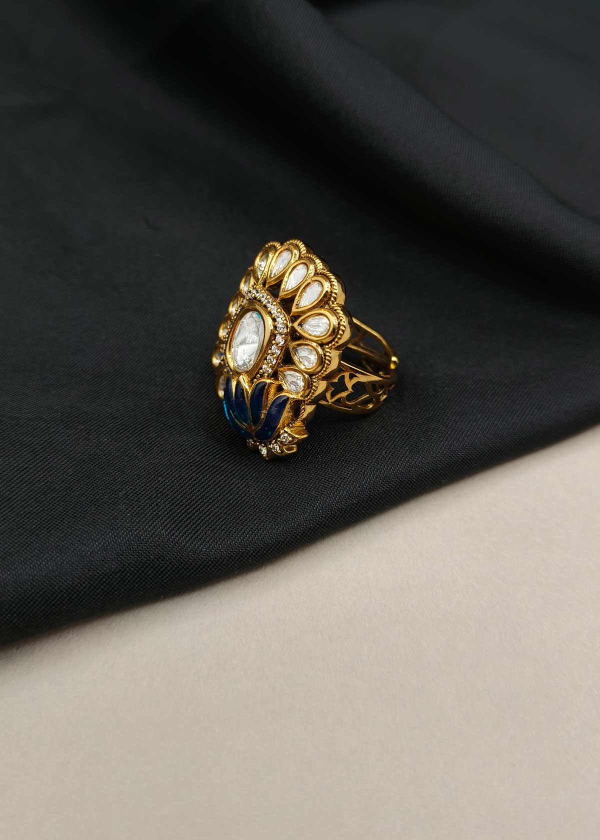 Lotus Motif Meenakari Gold Plated Kundan & Cubic Zircon Adjustable Ring