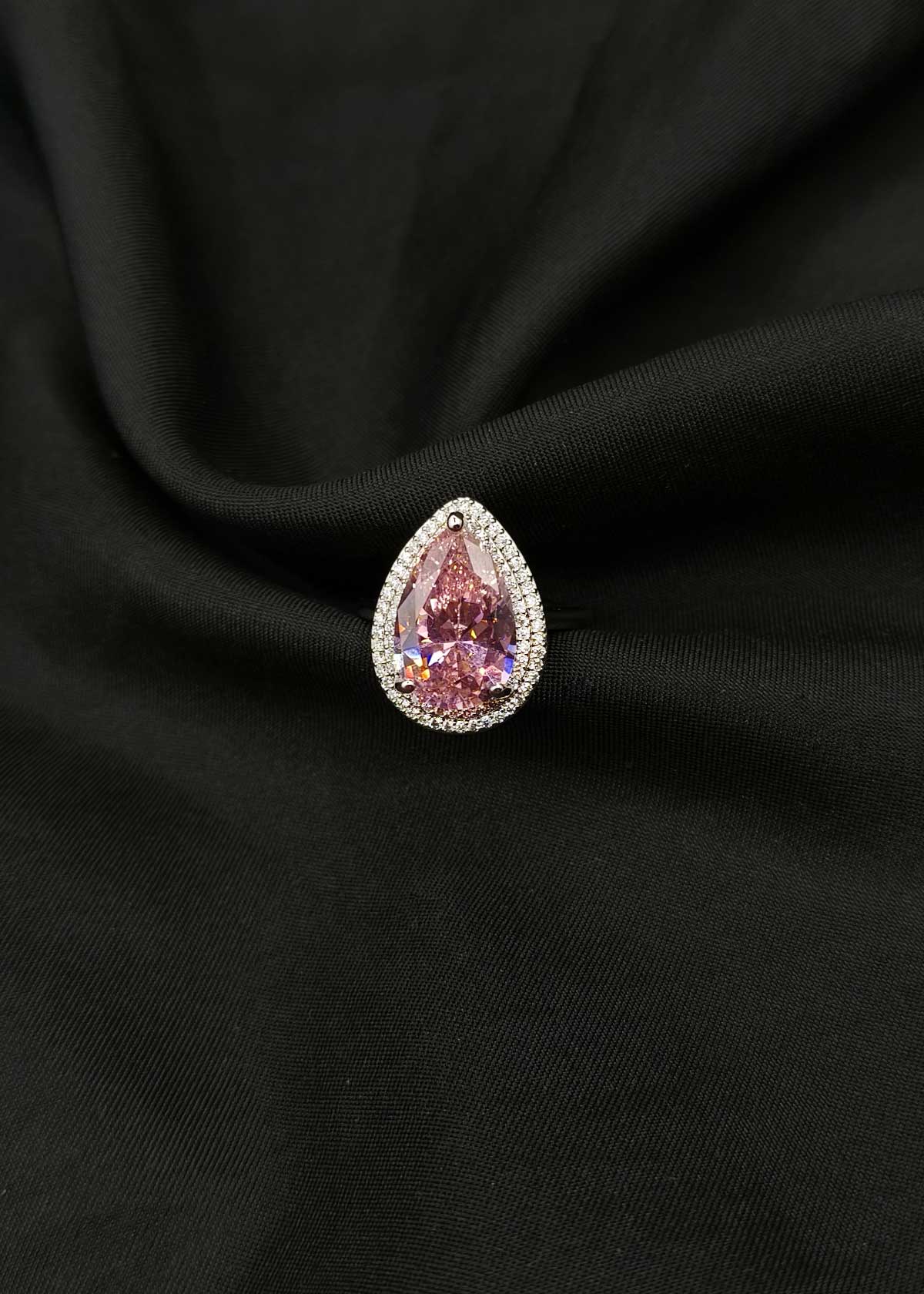 Royal Teardrop Colorstone And Cubic Zircon Silver Plated Adjustable Ring