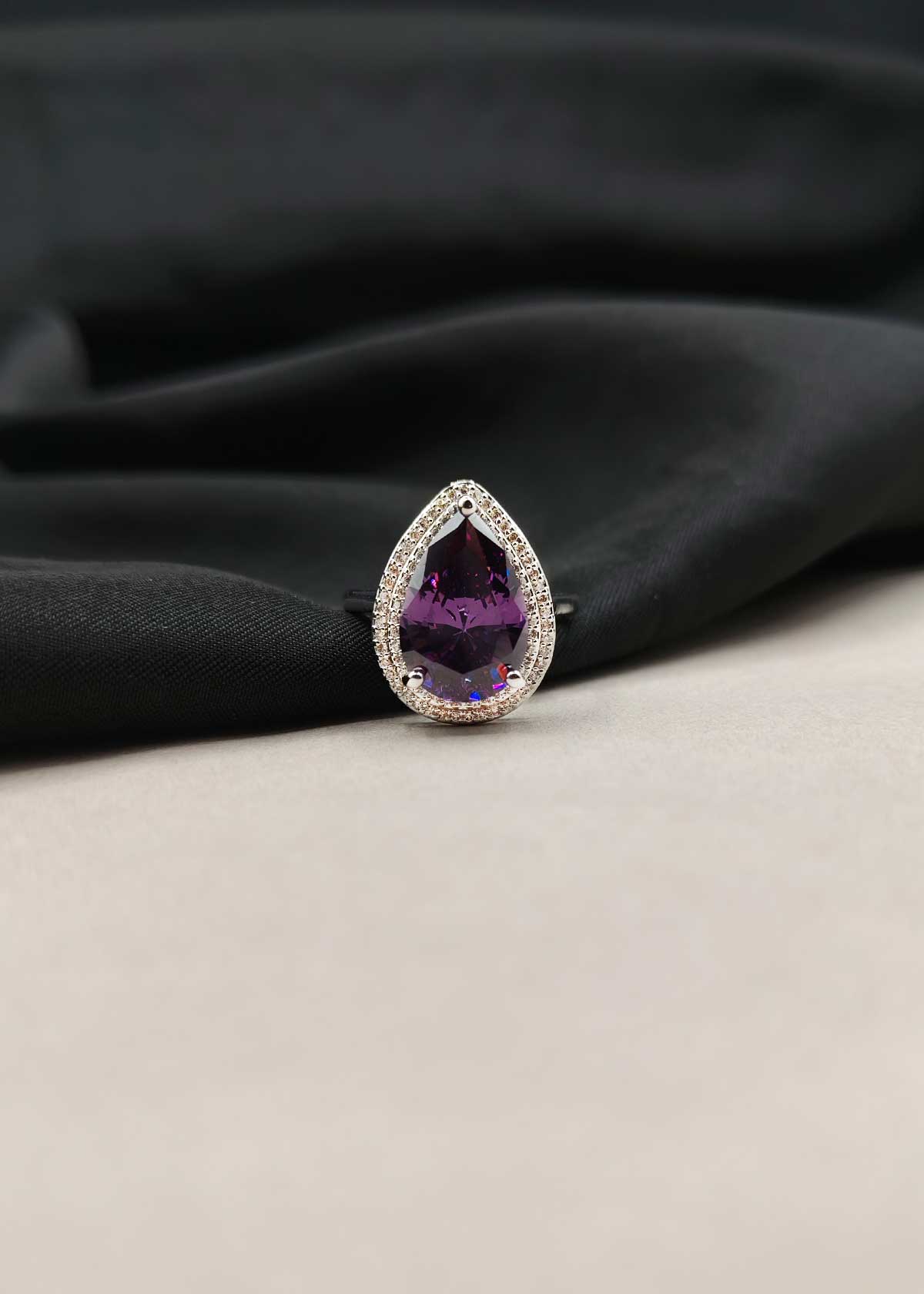 Royal Teardrop Colorstone And Cubic Zircon Silver Plated Adjustable Ring