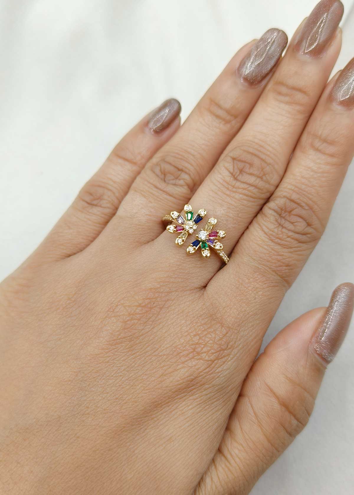 Chic Multicolor Baguette And Cubic Zircon Floral Gold & Silver Plated Adjustable Ring