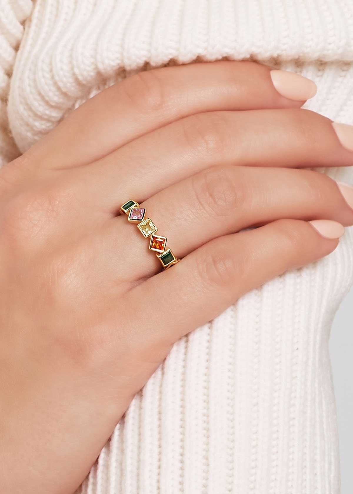 Rainbow Colorstone Gold Plated Zigzag Halo Adjustable Ring