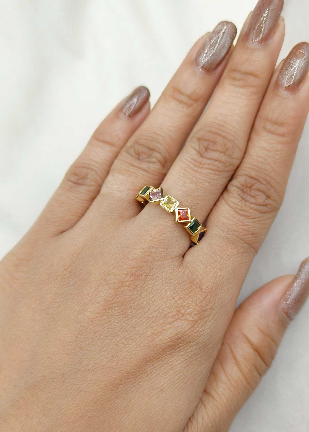 Rainbow Colorstone Gold Plated Zigzag Halo Adjustable Ring