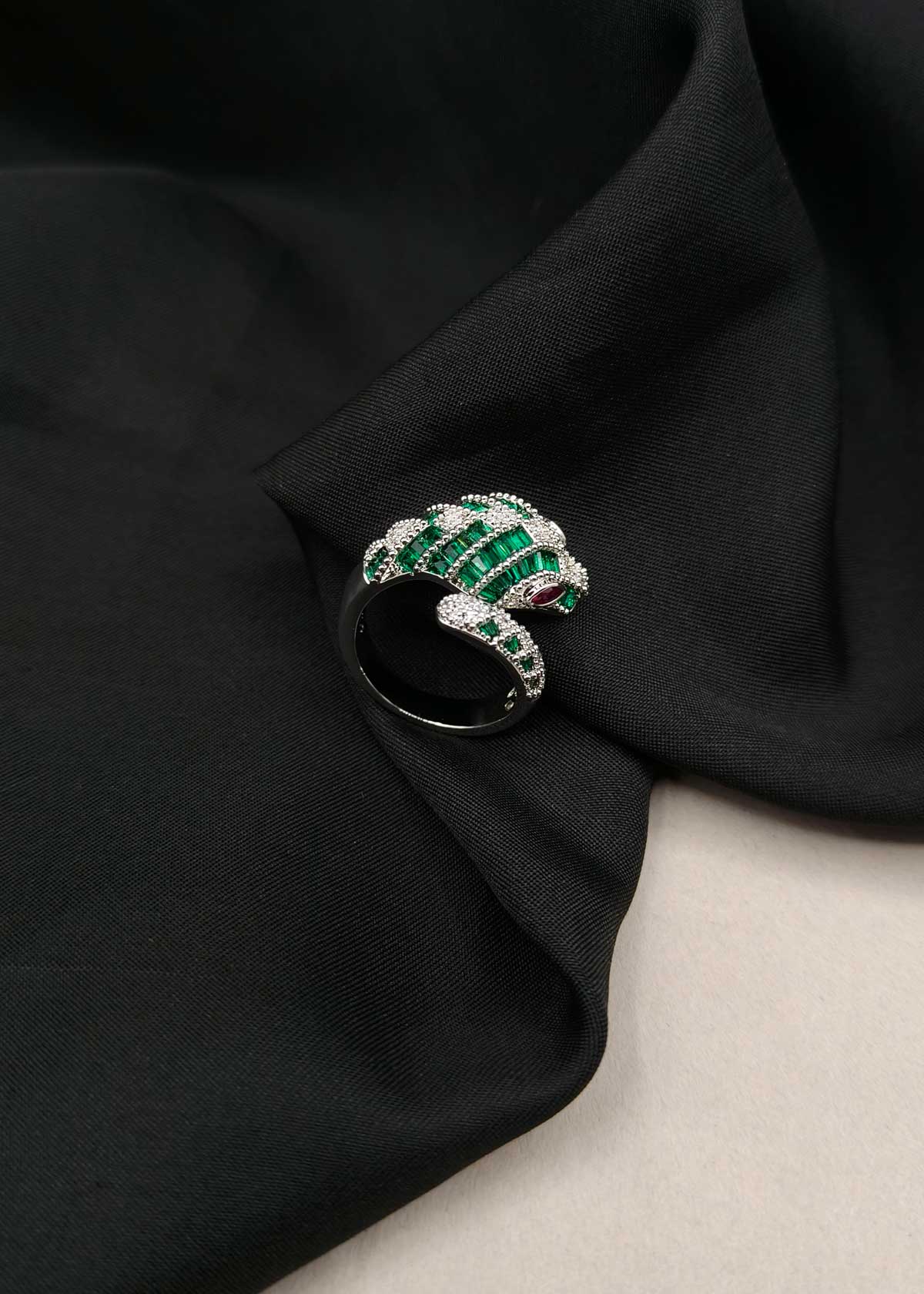 Green Baguette Cubic Zircon Snake Motif Silver-Plated Adjustable Ring