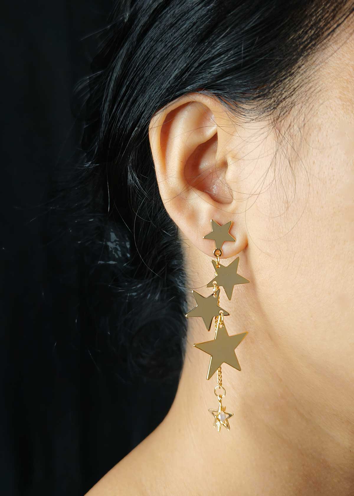 Glossy Gold Plated Multi-Star Hanging Earrings With Pearl