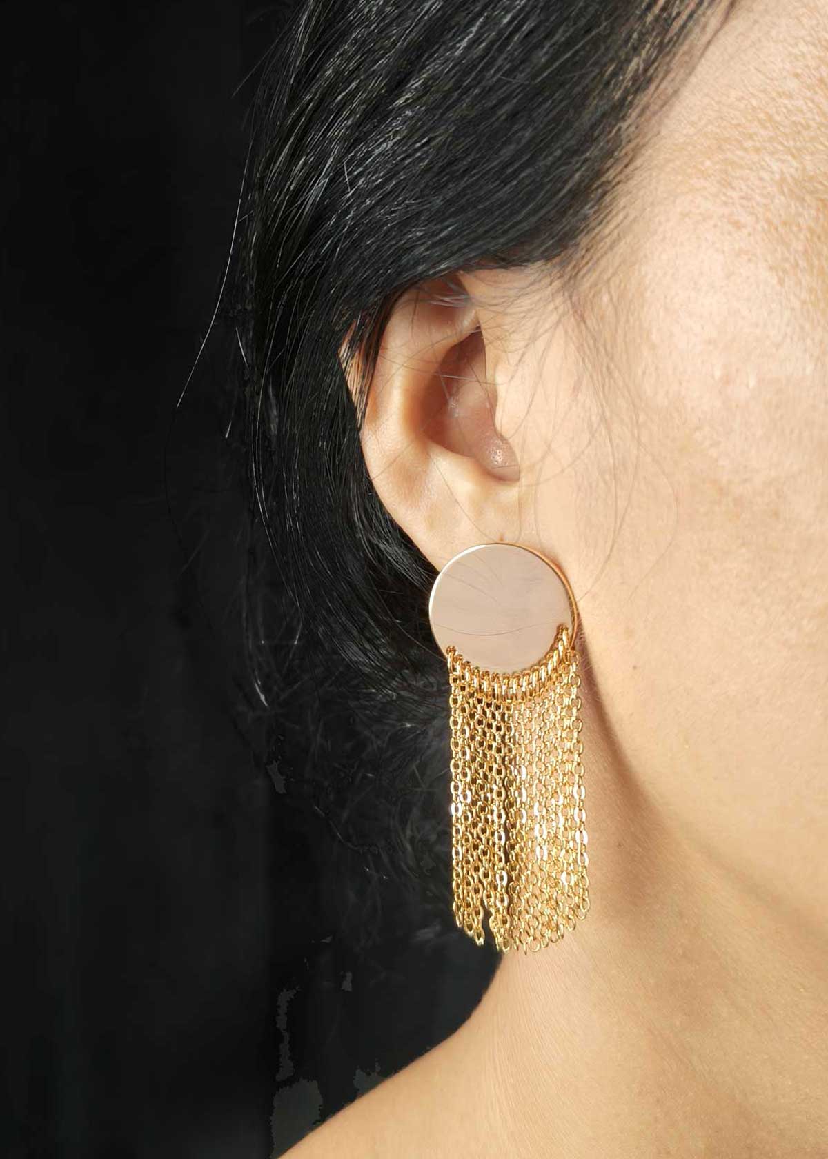 Elegant Gold Plated Circular Disc And Shimmering Chain Earrings