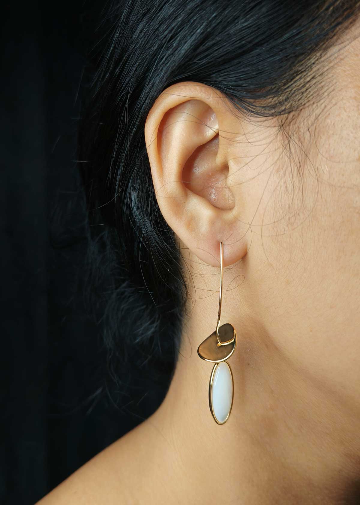 Gold Polish Oval Shaped Mother Of Pearl Hook Style Earrings
