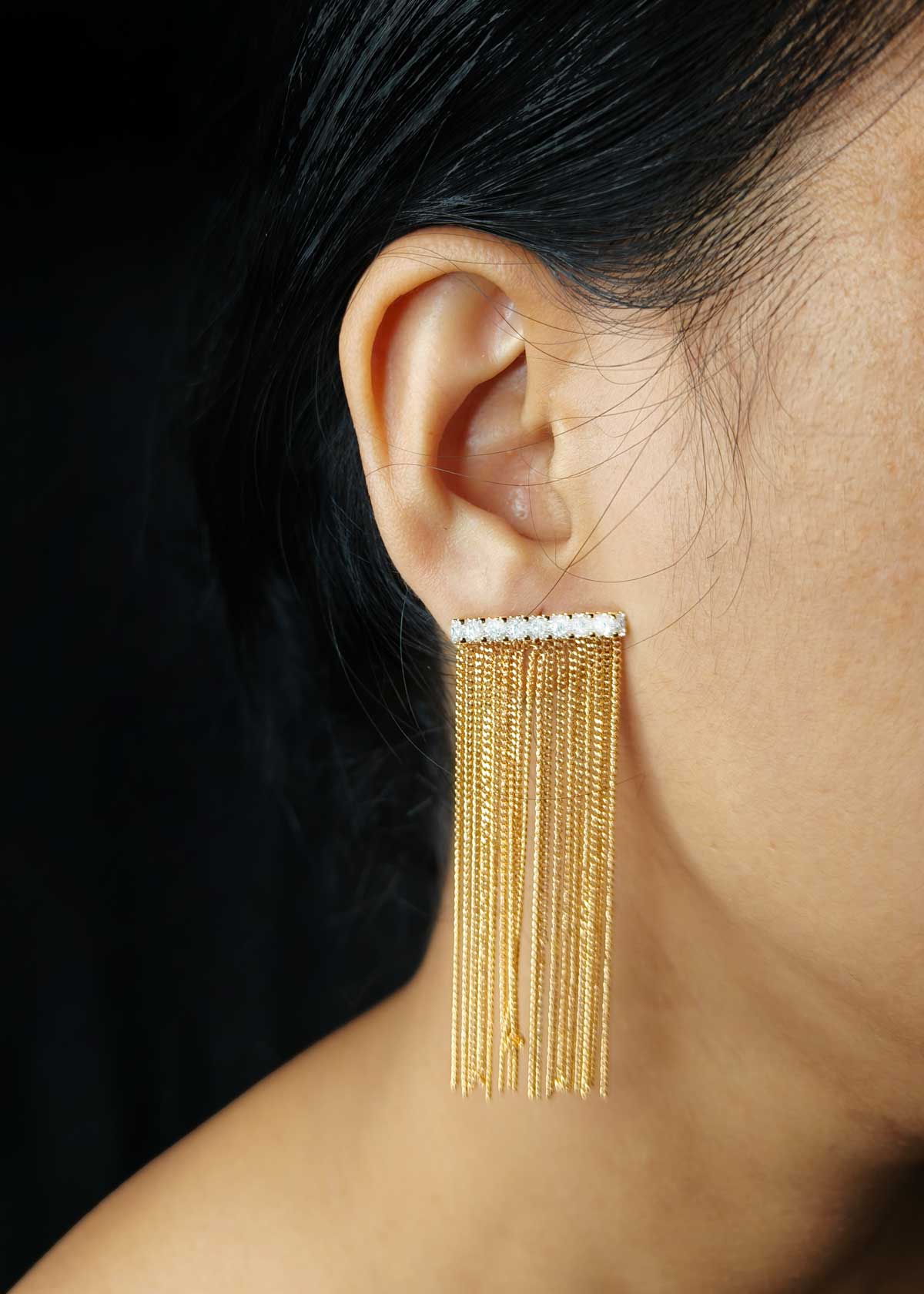 Glamorous Gold Plated Horizontal Bar Cubic Zircon Multi-Chain Earrings