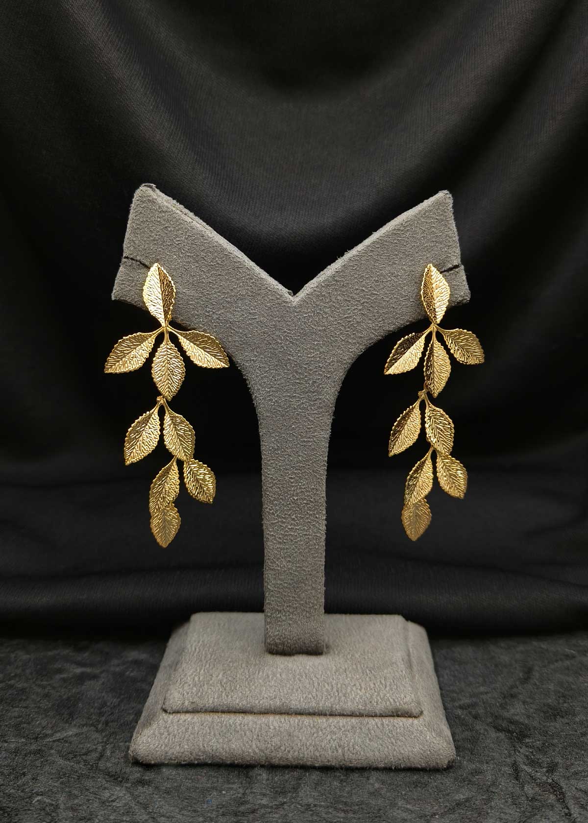 Gold Plated Textured Multi-Leaf Drop Long Statement Earrings