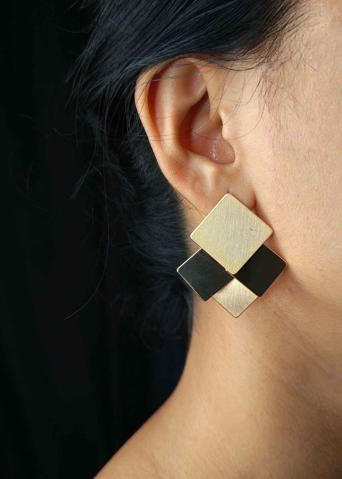 Matt And Glossy Gold Plated Triple Layer Square Stud Earrings
