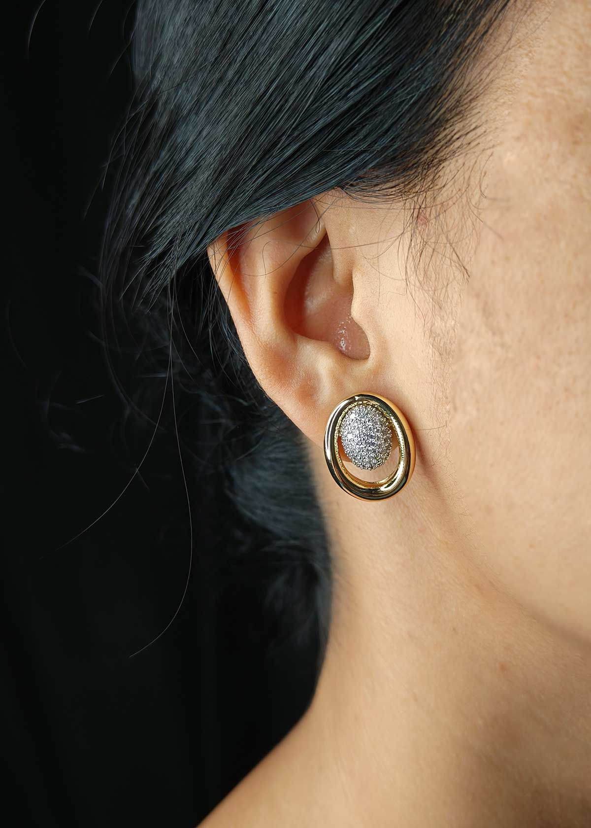 Modern Classic Gold-Polished Cubic Zirconia Drop Studs Oval Earrings