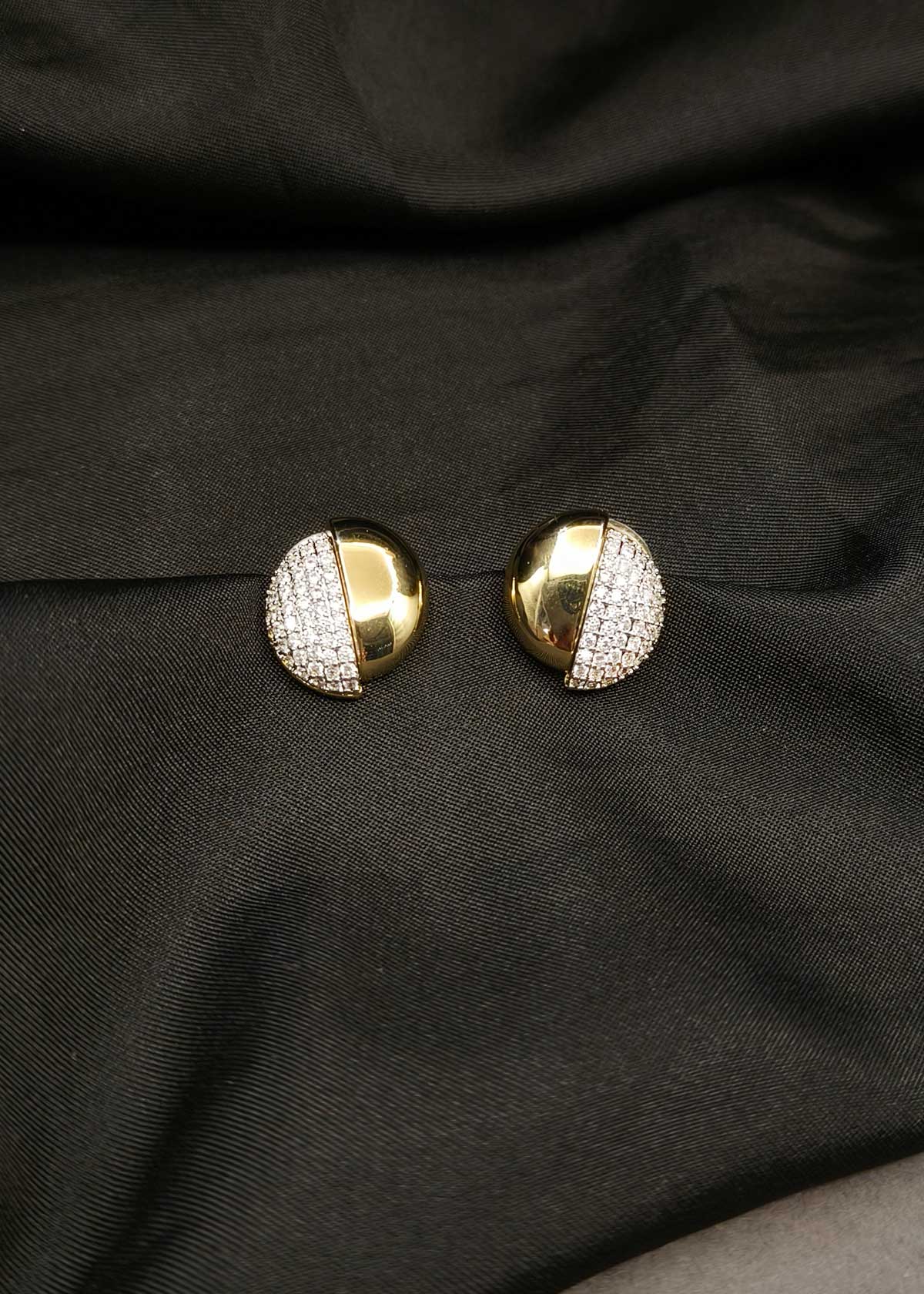 Trendy Gold Plated Dual-Tone Cubic Zircon Pave Half-Circle Stud Earrings