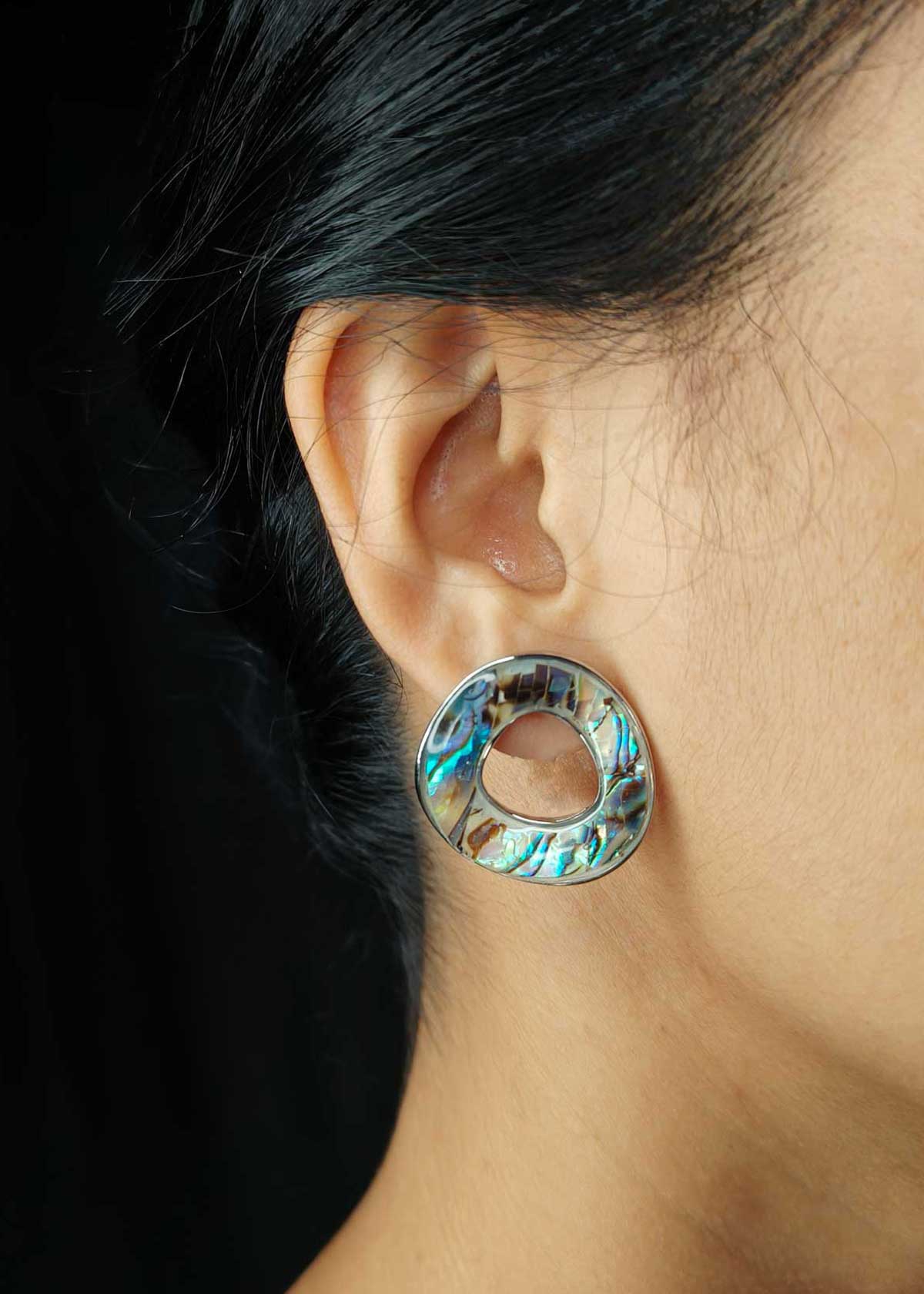 Contemporary Open Circle Silver Plated Mother Of Pearl Stud Earrings