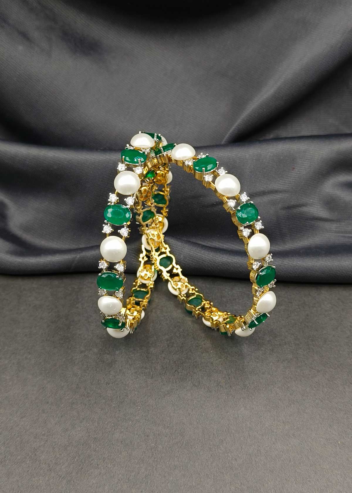 Classic Elegance Pearl & Gemstone Gold And Silver Plated Fusion Fixed Bangles (Pair)