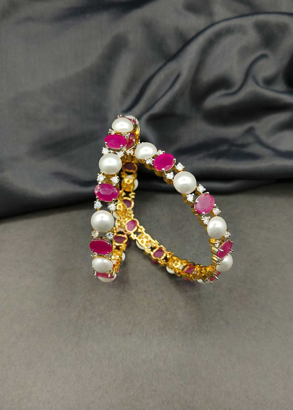 Classic Elegance Pearl & Gemstone Gold And Silver Plated Fusion Fixed Bangles (Pair)