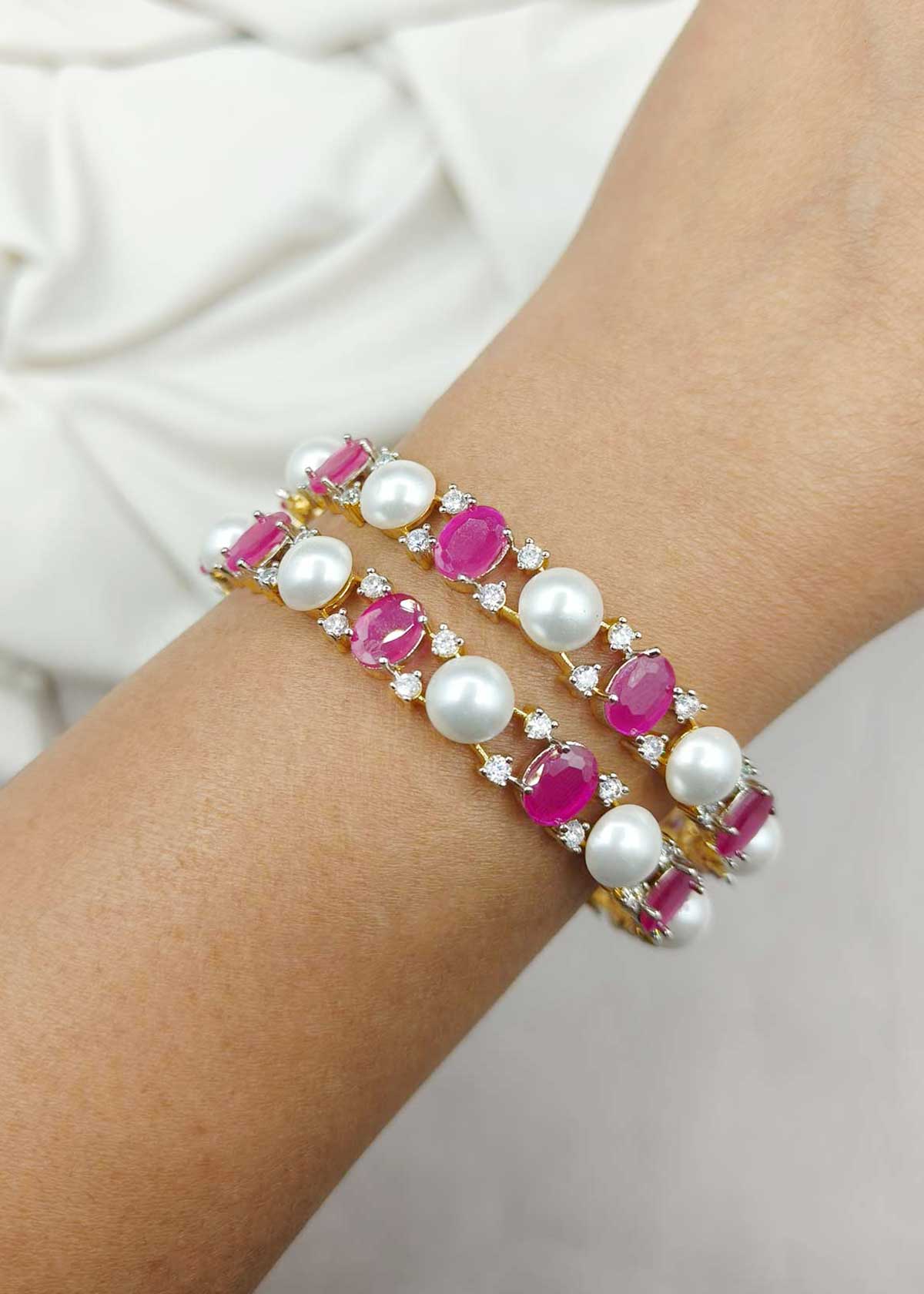 Classic Elegance Pearl & Gemstone Gold And Silver Plated Fusion Fixed Bangles (Pair)